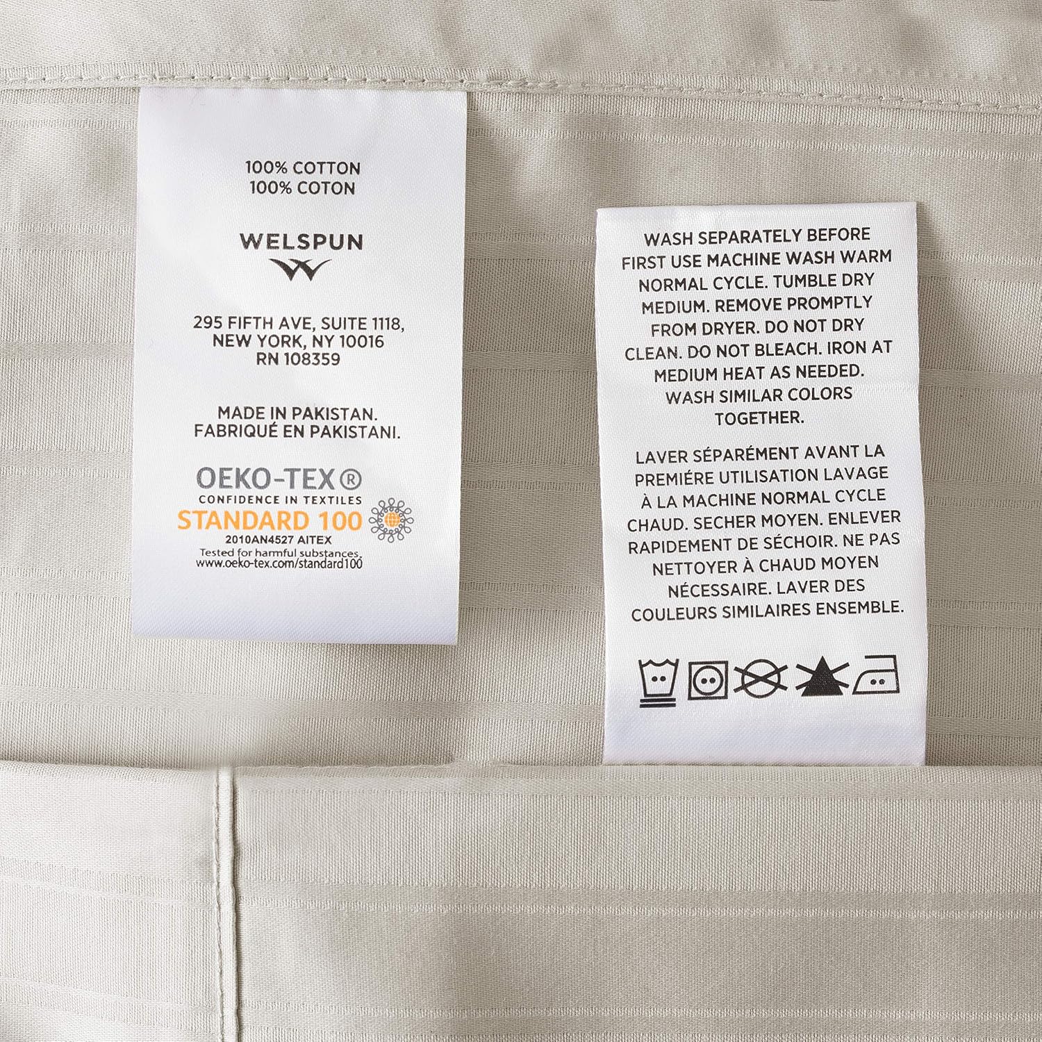 Welhome 500 Thread Count Full Size 100% Cotton Striped Sateen Sheet - Set of 4 - Breathable - Soft - Deep Pocket - Easy Fit - Bone