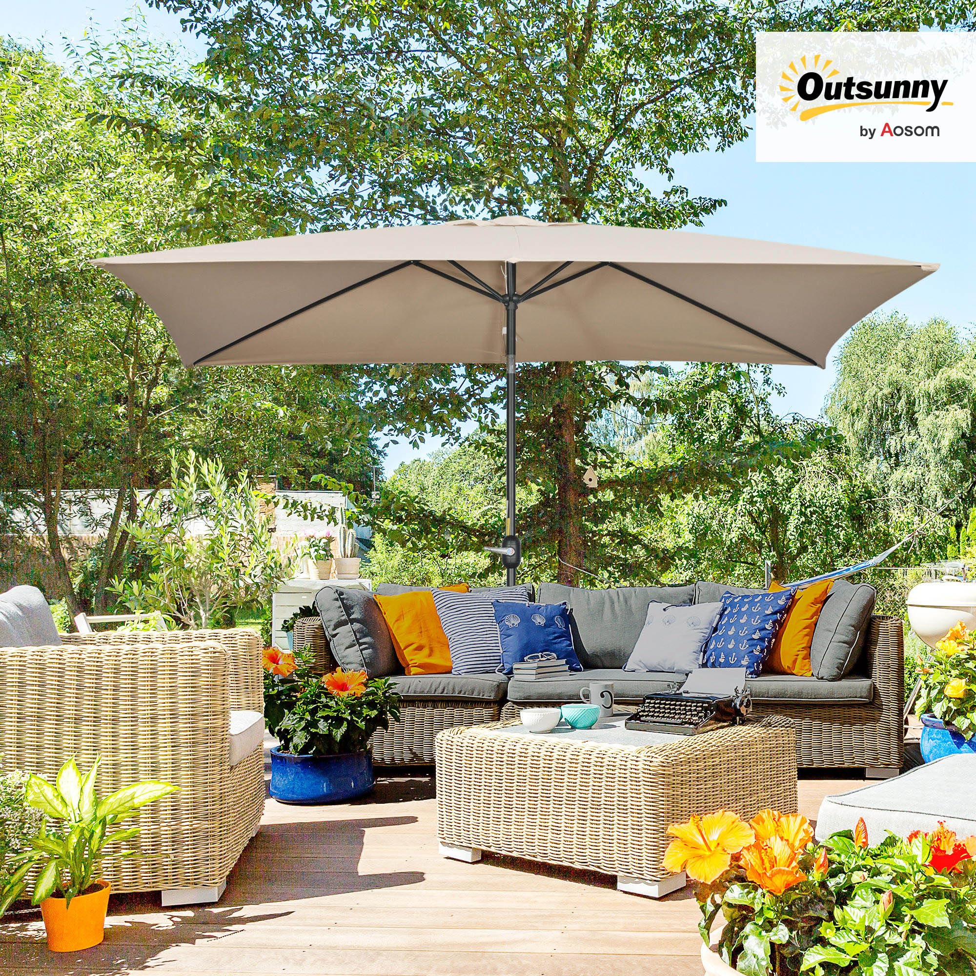 Outsunny Sombrilla de Aluminio 200x300x253 cm Inclinable Manivela Caqui | Parasol Rectangular de Jardín, Poste Desmontable, para Terraza Piscina Patio Exterior