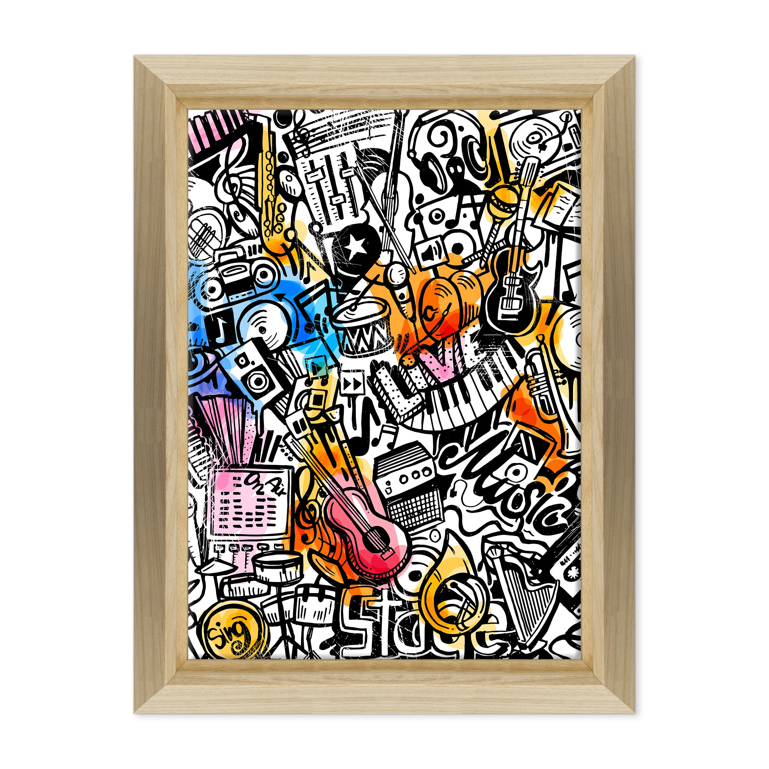 Quadro su Tela Canvas INTELAIATO - con Cornice - Musica Jazz Soul Blues Rock - Illustrazione Graffiti - Street Art - 50x70cm - Stile Design Legno Naturale - (cod.3074)