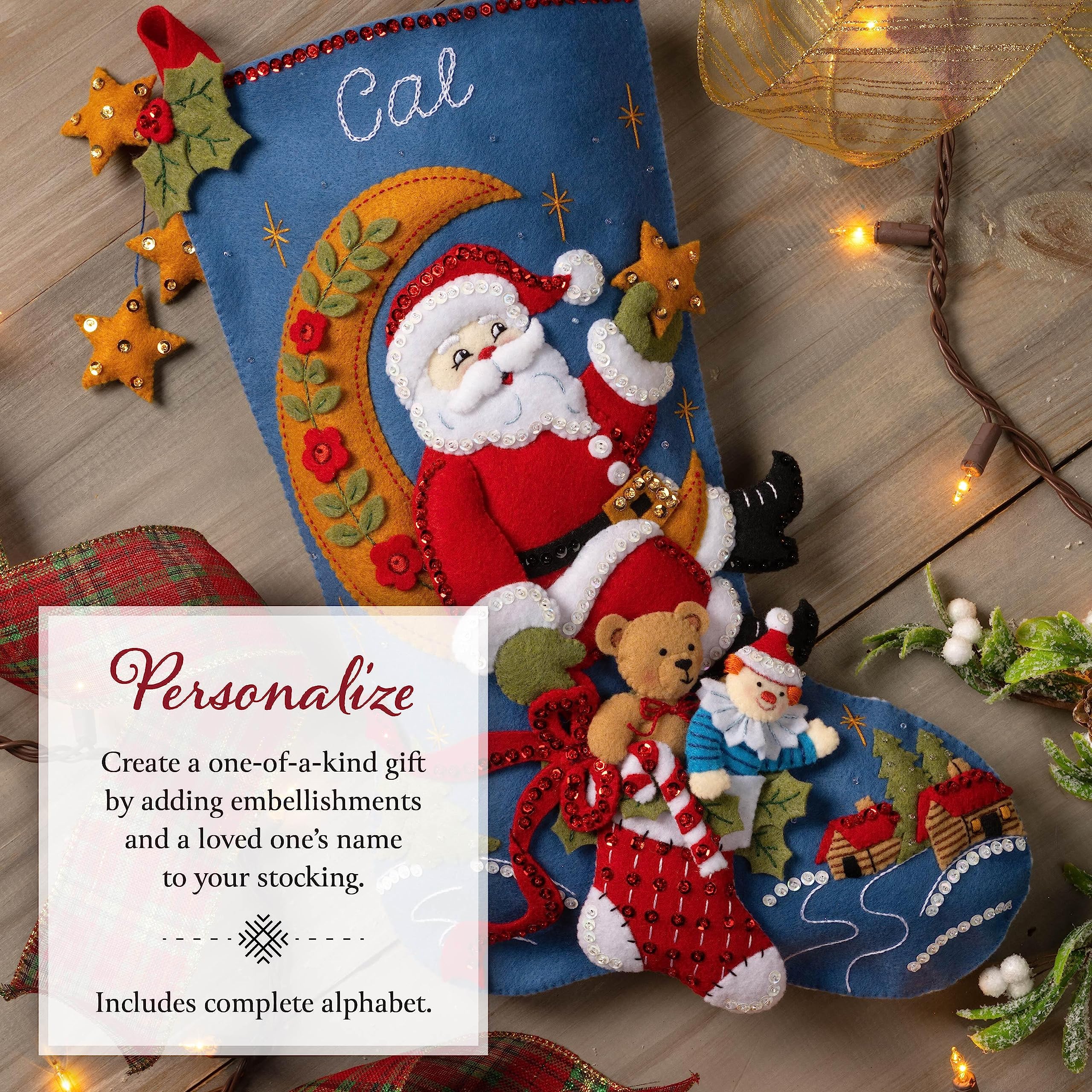 Bucilla Felt Stocking Applique Kit 18" Long-Moonlight Santa 89599E