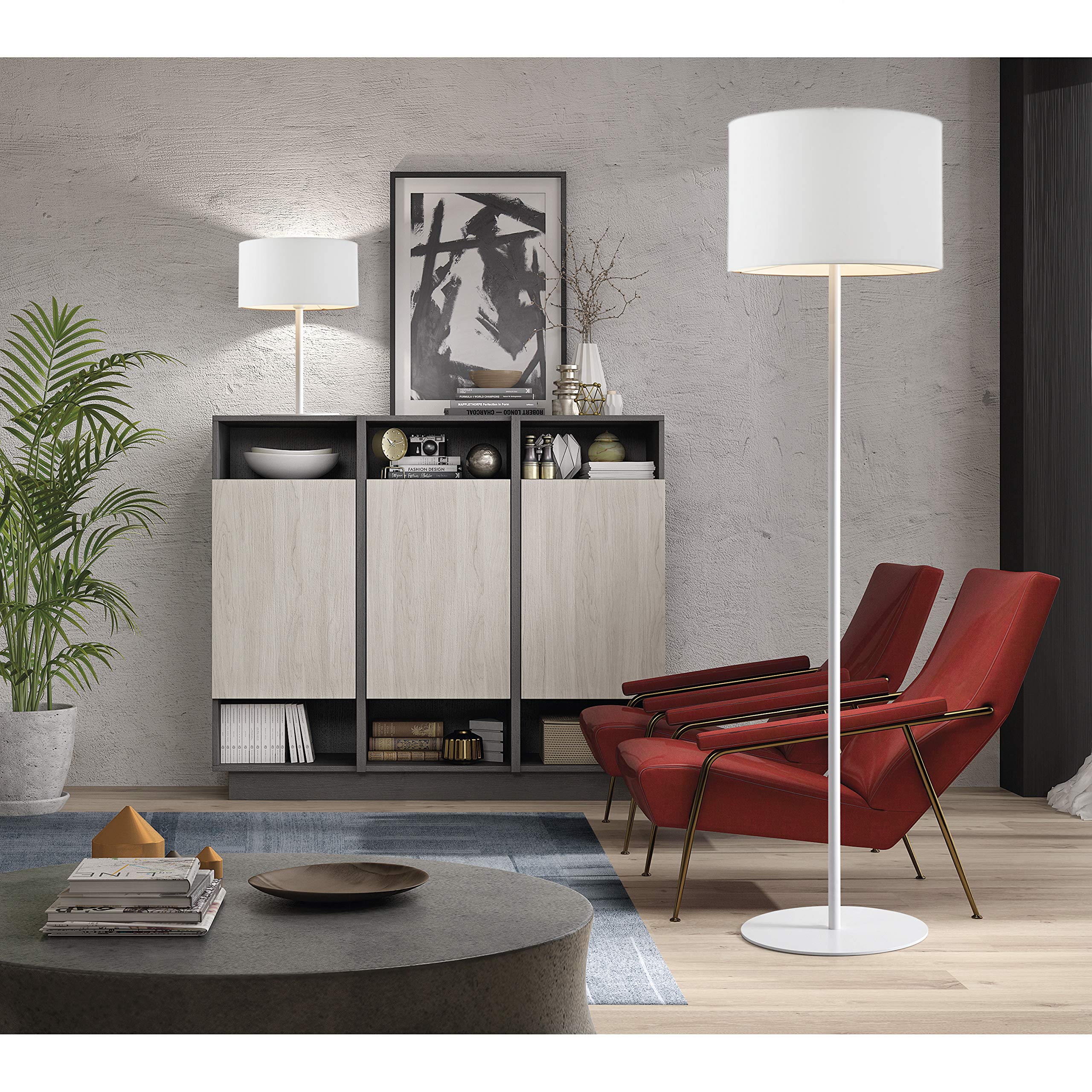 Lámpara de mesa AMSTERDAM blanca con pantalla blanca incluida, portalámpara E27 interior IP20 (Ø38cm). Lámpara mesa de noche dormitorio, mesa auxiliar o para salón de estar.