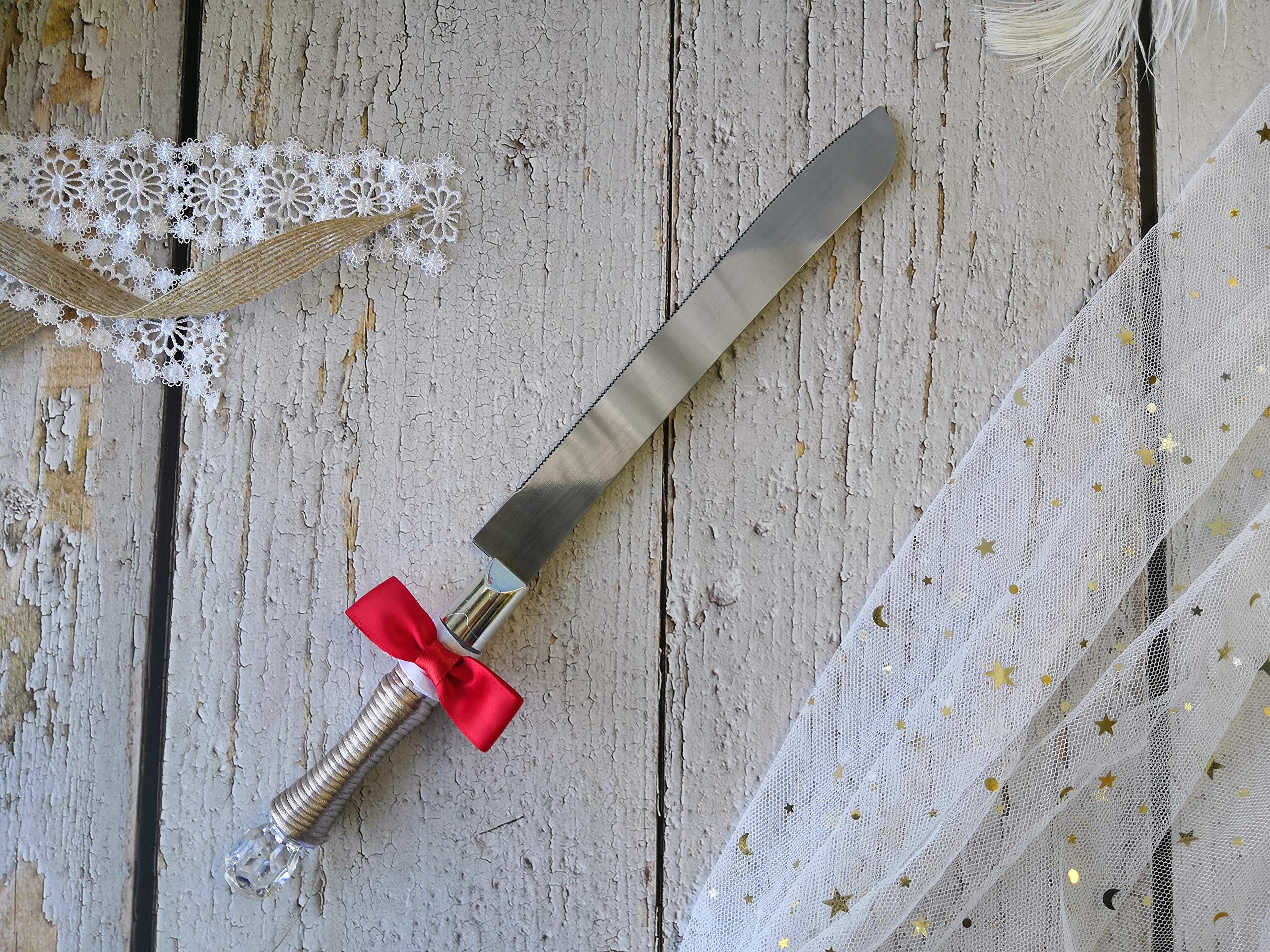 Abbie Home Wedding Anniversary Cake Knife and Server Set in Grey and White- Silk Bow Tie and Red Rose Rhinestone Lace Decoration (Cake Knife&Server Set)