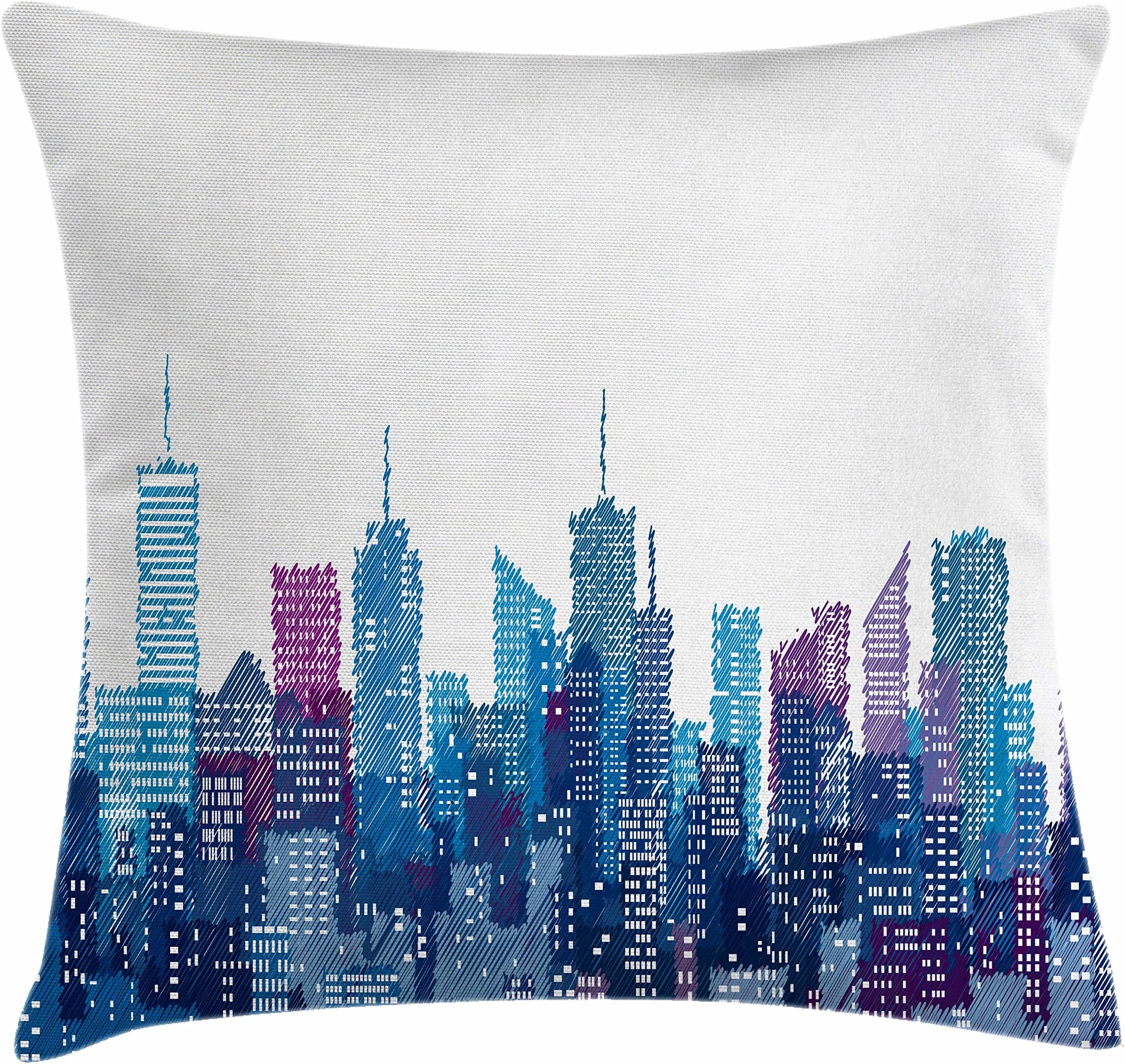 LunarableNew York Throw Pillow Cushion Cover, Skyline of NYC Manhattan Brooklyn Bronx Queens Scratched Pattern, Decorative Square Accent Pillow Case, 16" X 16", Pale Blue