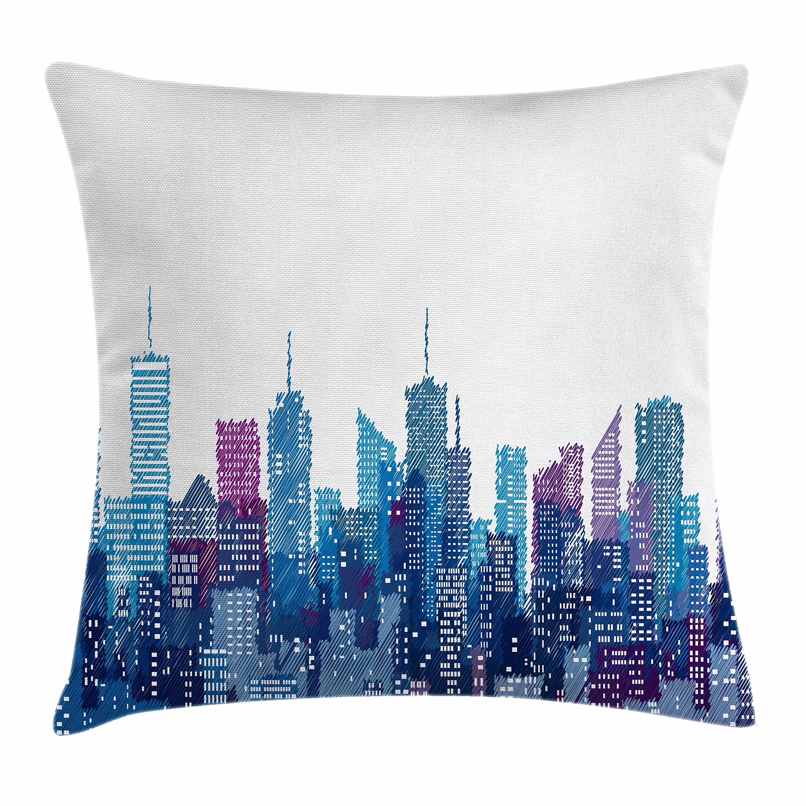LunarableNew York Throw Pillow Cushion Cover, Skyline of NYC Manhattan Brooklyn Bronx Queens Scratched Pattern, Decorative Square Accent Pillow Case, 16" X 16", Pale Blue