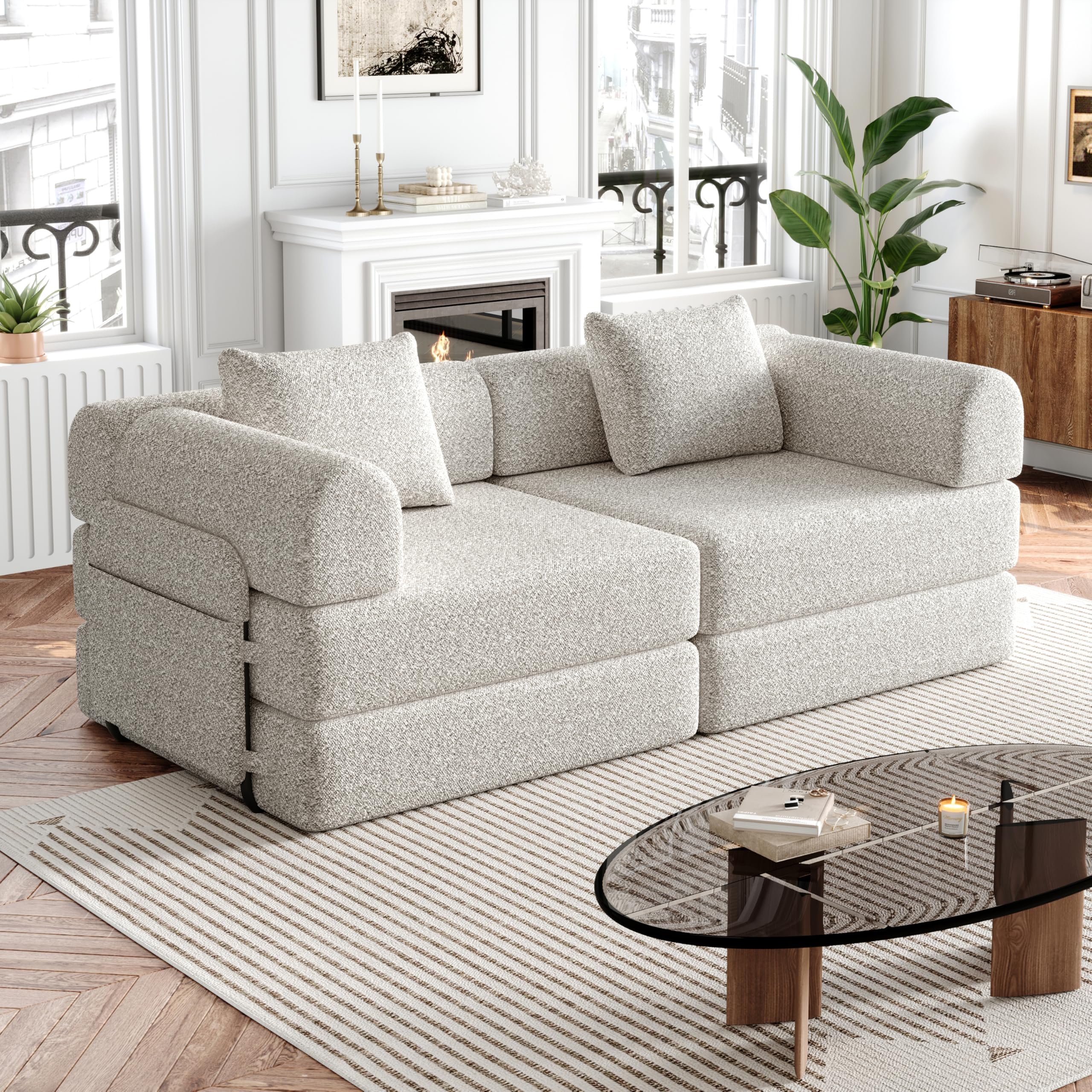 Sofá Cama Plegable con Respaldo y Almohada, Sofás con Estructura de Metal y Reposabrazos, Sofá Matrimonio Convertible para Salón Dormitorio, con Bolsa de Almacenamiento, Chenilla, Caqui
