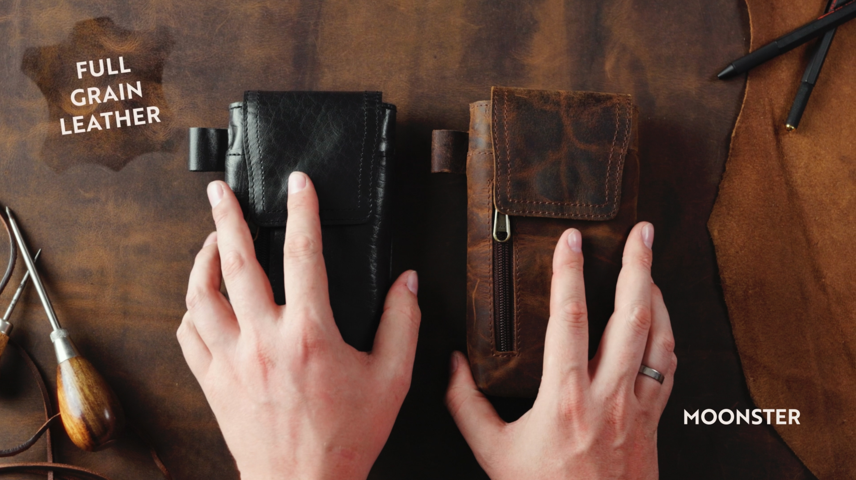 Porta Cellulare Da Cintura In Vera Pelle Moonster - Per Smartphone Grandi, 18x9 Cm - Foto 2