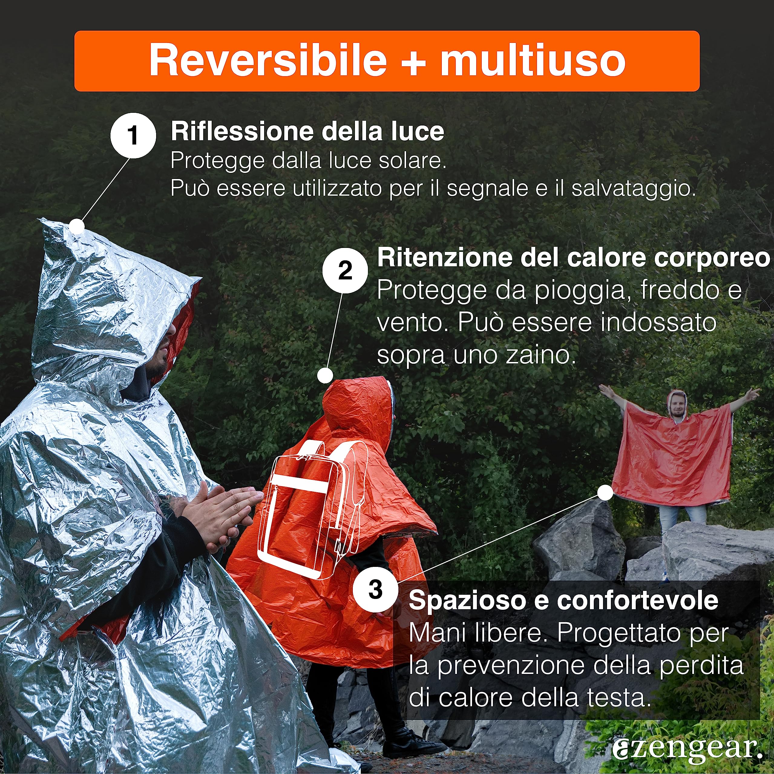 aZengear Poncho di emergenza e sopravvivenza (4 pezzi) con rivestimento termico in mylar, reversibile con cappuccio, impermeabile e antivento (arancia)