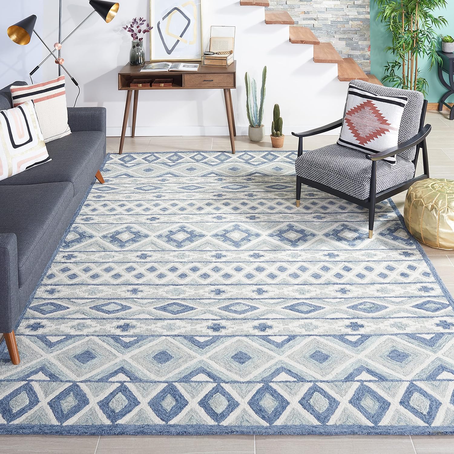 SAFAVIEH Area Rug 8x10 - Roslyn Collection - Large - Blue & Grey, Handmade Wool, Moroccan Boho Design, Ideal for Living Room, Bedroom, Office, Dining Space (ROS602M)