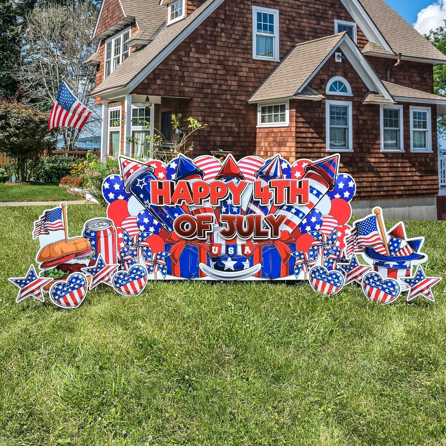 VictoryStore 3x6 Foot 4th of July Decorations Outdoor - Happy Fourth Of July Oversized EZ Yard Cards - 11 Pieces, Patriotic Yard Signs Include Stakes