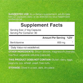 Benfotiamine 600mg Per Serving, 180 Veggie Capsules (300mg Per Cap) Fat Soluble Vitamin B1 Thiamine Supplement 3rd Party Tested, Vegan, Non-GMO, Gluten Free