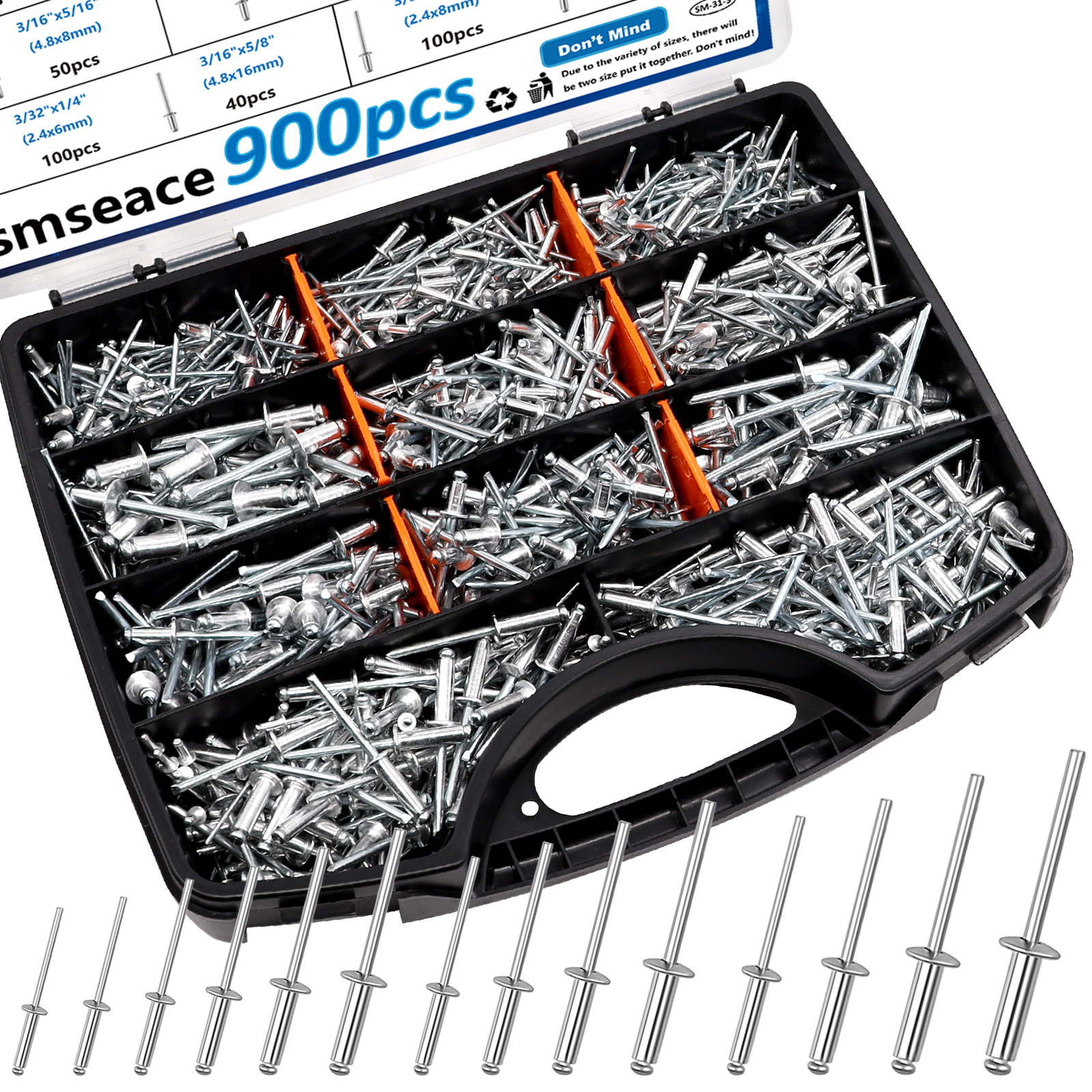 Image of smseace 1500Pcs Pop Rivets with 304 Stainless Steel Washers Assortment Kit Packed in Handheld Box 14-Sizes (3 /32 inch 1 /8 inch 5 /32 inch 3 /16 inch1 /4 inch) Assorted Blind Rivets for Metal,Furniture,Automotive,Instrument