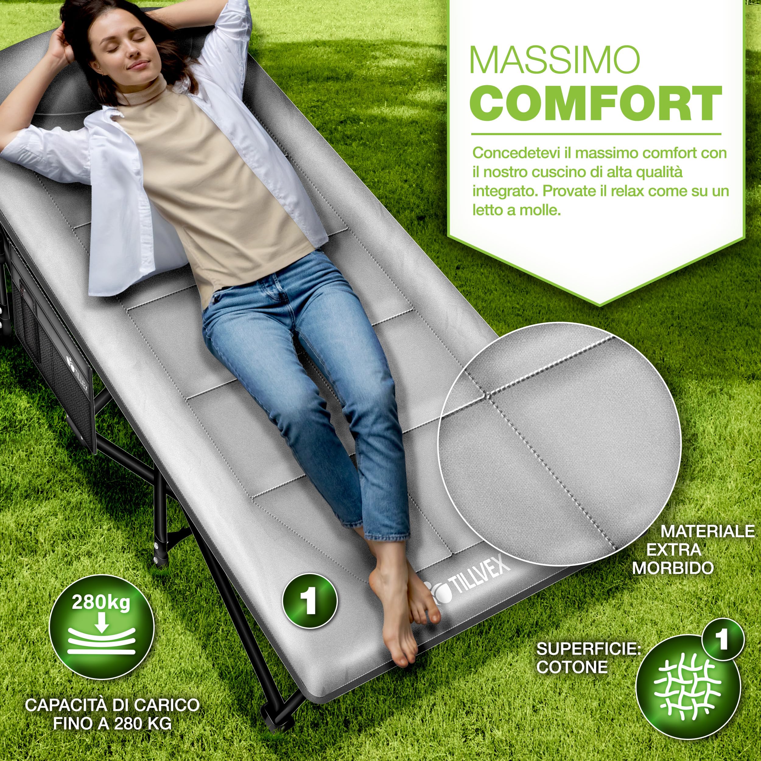 tillvex® Letto da campeggio pieghevole con borsa per il trasporto fino a 200 kg | Lettino da campeggio extra largo | Lettino da campeggio per interni ed esterni | Letto pieghevole per gli ospiti