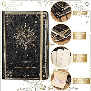 Artfan Ruled Notebook/Journal - A5 Notebook, 144 Pages, Lined (5.8 x 8.4), Faux Leather Cover with Pocket, Banded, Large, Black