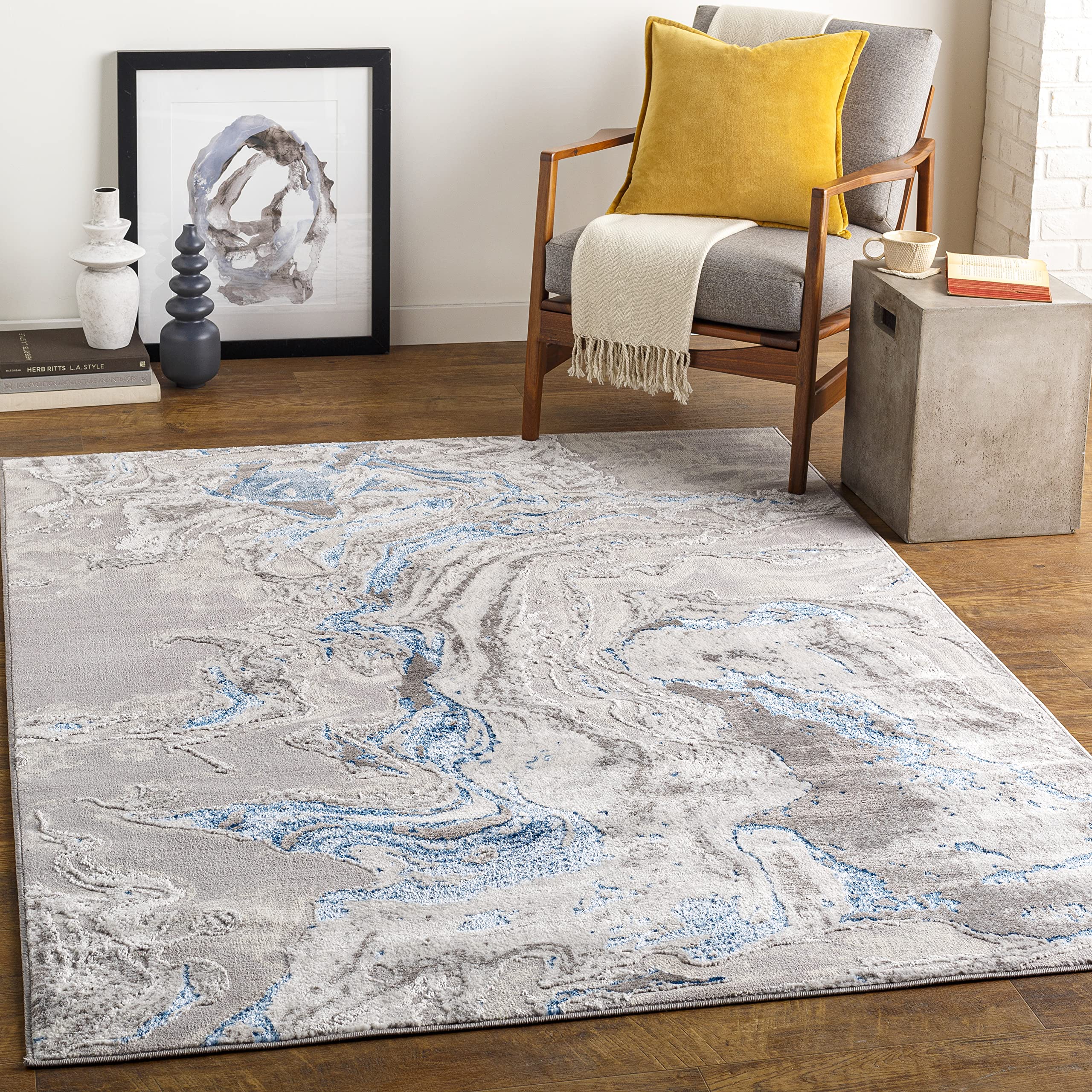 Livabliss Alfombra Abstracta Adria - Alfombra Salón Grande, Habitación, Dormitorio - Alfombra Salon Pelo Corto, Suave y Lujosa Facil de Cuidar - Alfombra Grande de 160x213cm Gris, Azul y Marfil
