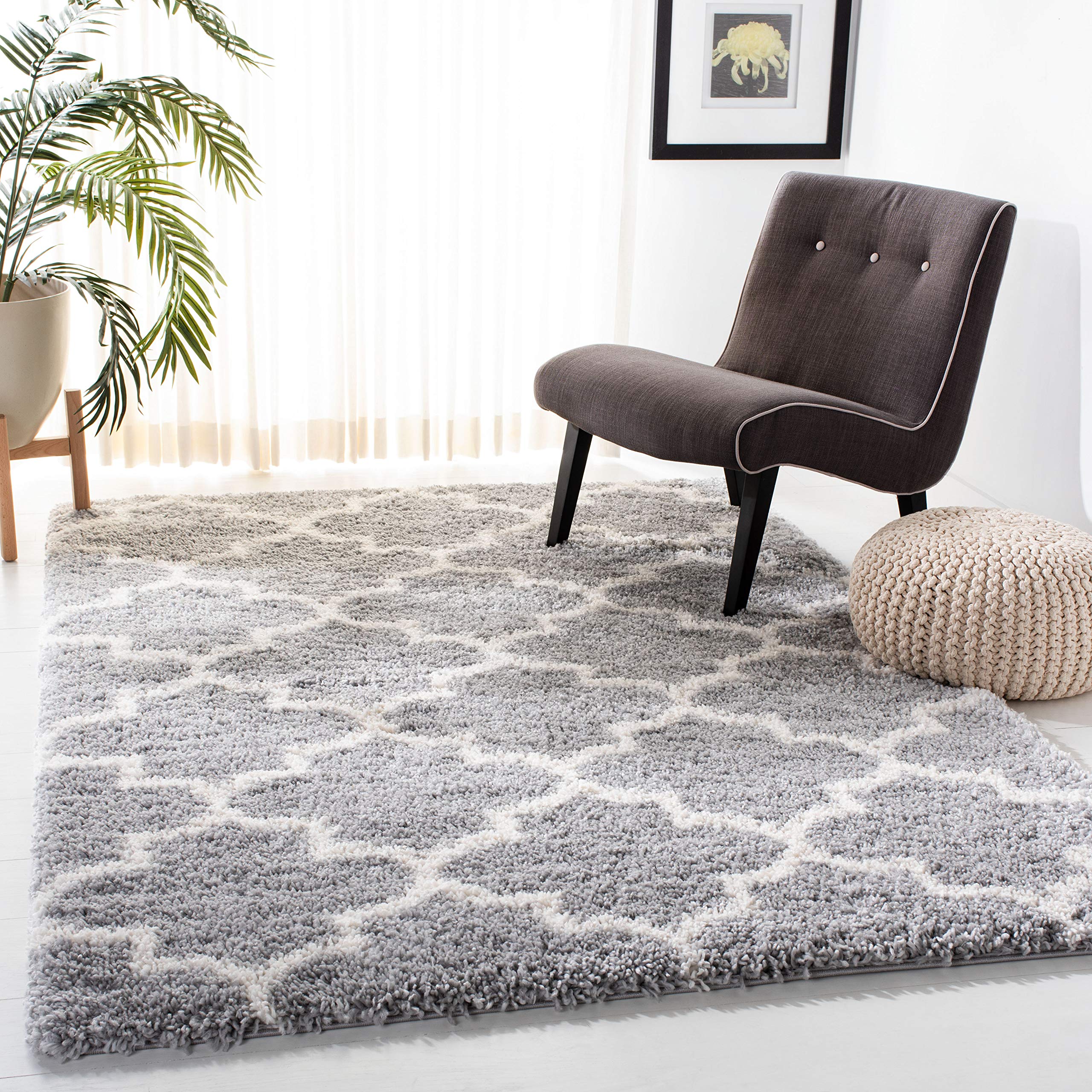 SAFAVIEH Fontana Shag Collection Accent Rug - 4' x 6', Grey & Cream, Trellis Design, Non-Shedding & Easy Care, 2-inch Thick Ideal for High Traffic