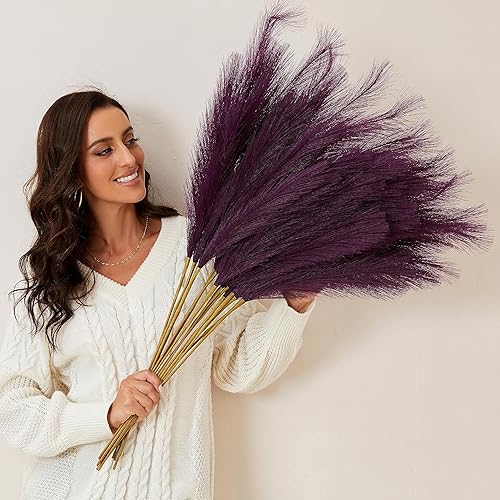 Miniatura 7 de Decoración de hierba de las pampas alta, 9 piezas de hierba de pampa sintética de 37 pulgadas3.1 pies, ramas florales grandes de pompas artificiales