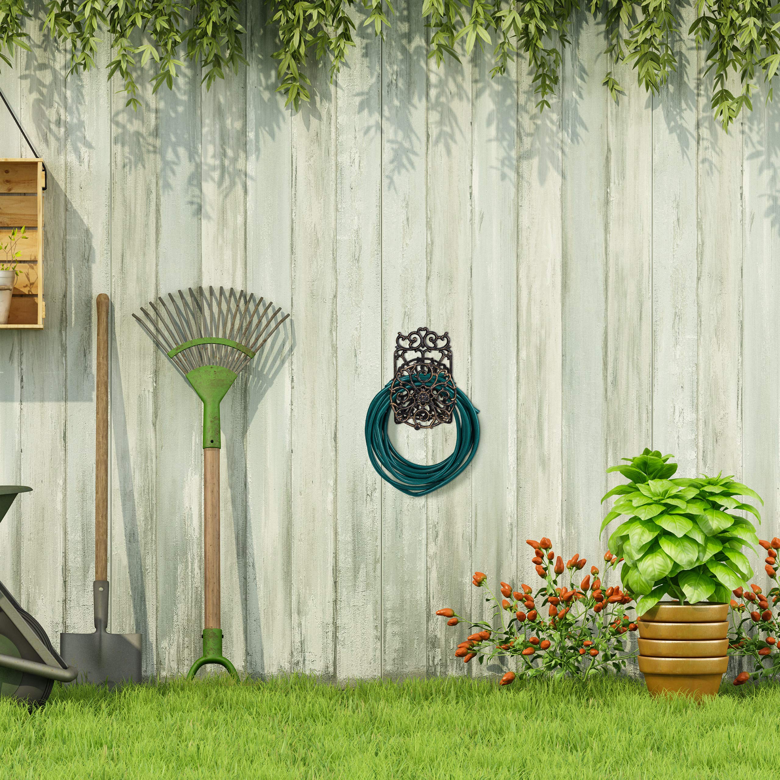 Relaxdays Supporto Porta Tubo da Parete, Design Antico, Girevole, da Giardino, in Ghisa HxLxP: 34 x 23 x 18 cm, Nero-Oro