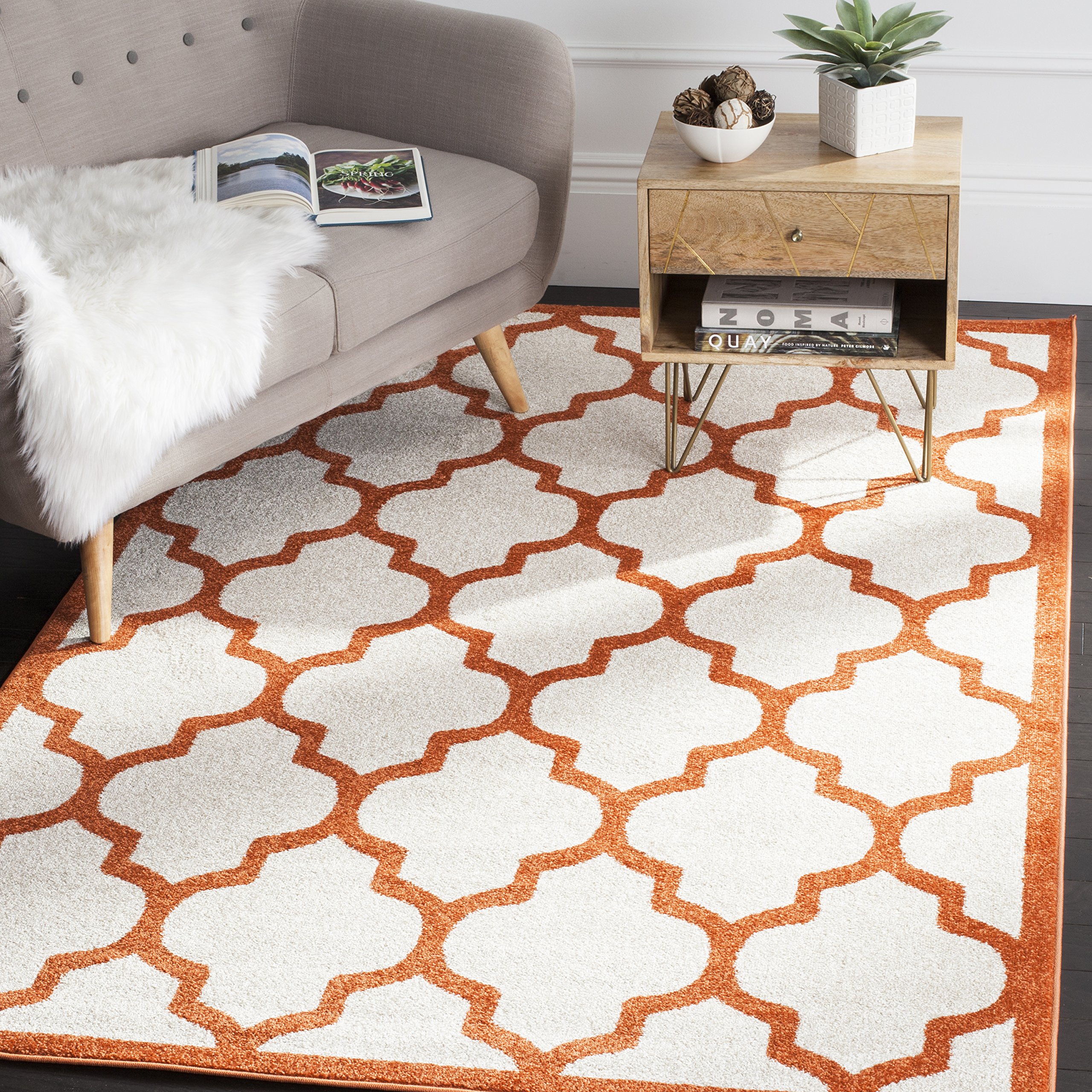 Safavieh Trellis Indoor/Outdoor Woven Rectangle Area Rug, Amherst Collection, AMT420, in Beige / Orange, 122 X 183 cm for Garden, Patio or Any Outdoor Space