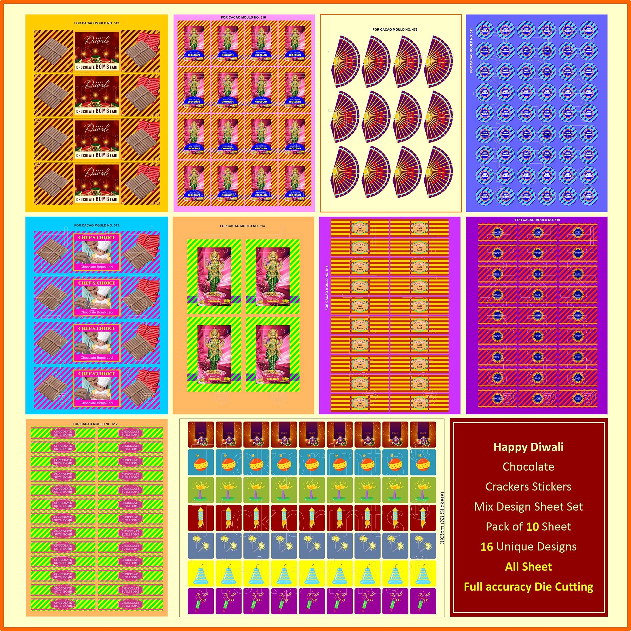 Tickprints® Chocolate Crackers Stickers, Happy Diwali Chocolate Crackers Stickers for Mould || All Sheet Full Accuracy Die Cutting,Pack of 10 Sheet Stickers 16 Unique Designs