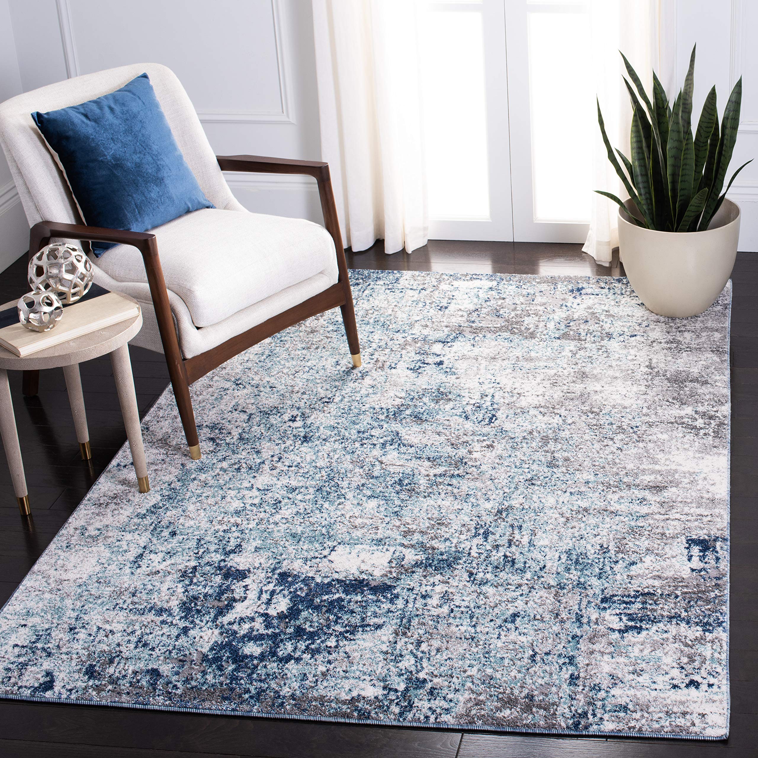 SafaviehAston Collection ASN705M Modern Abstract Non-Shedding Stain Resistant Living Room Bedroom Floor Area Rug, 3' x 5', Light Blue Grey