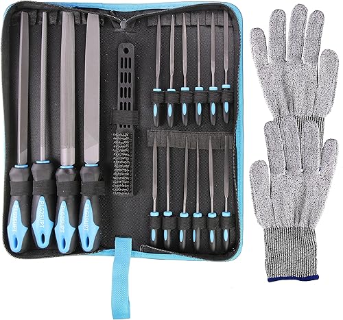 Plg2Sup - Juego de 18 limas de metal para acero, 12 limas de agujas y 4 limas de material con estuche, 1 cepillo de acero, 1 guantes de trabajo de