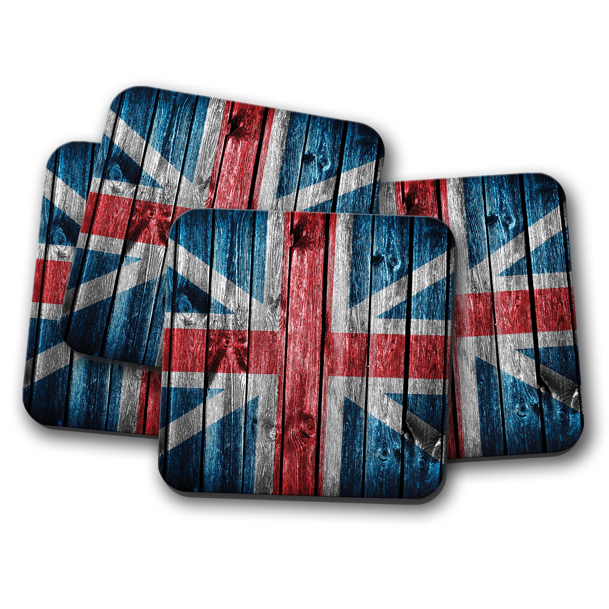 4 Set - Beautiful Wood Effect Cork Backed Drinks Coaster - Union Jack Flag UK #8312