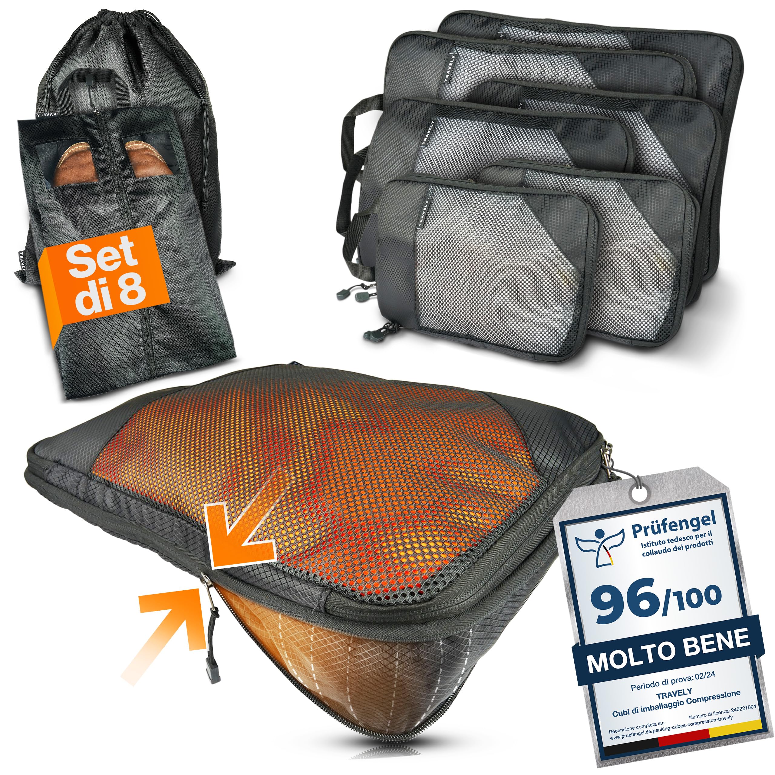 TRAVELY Packing cubes compression - Set da 8 pezzi - organizer valigia compressione - organizer zaino viaggio - organizer valigia compressione - travel organizer