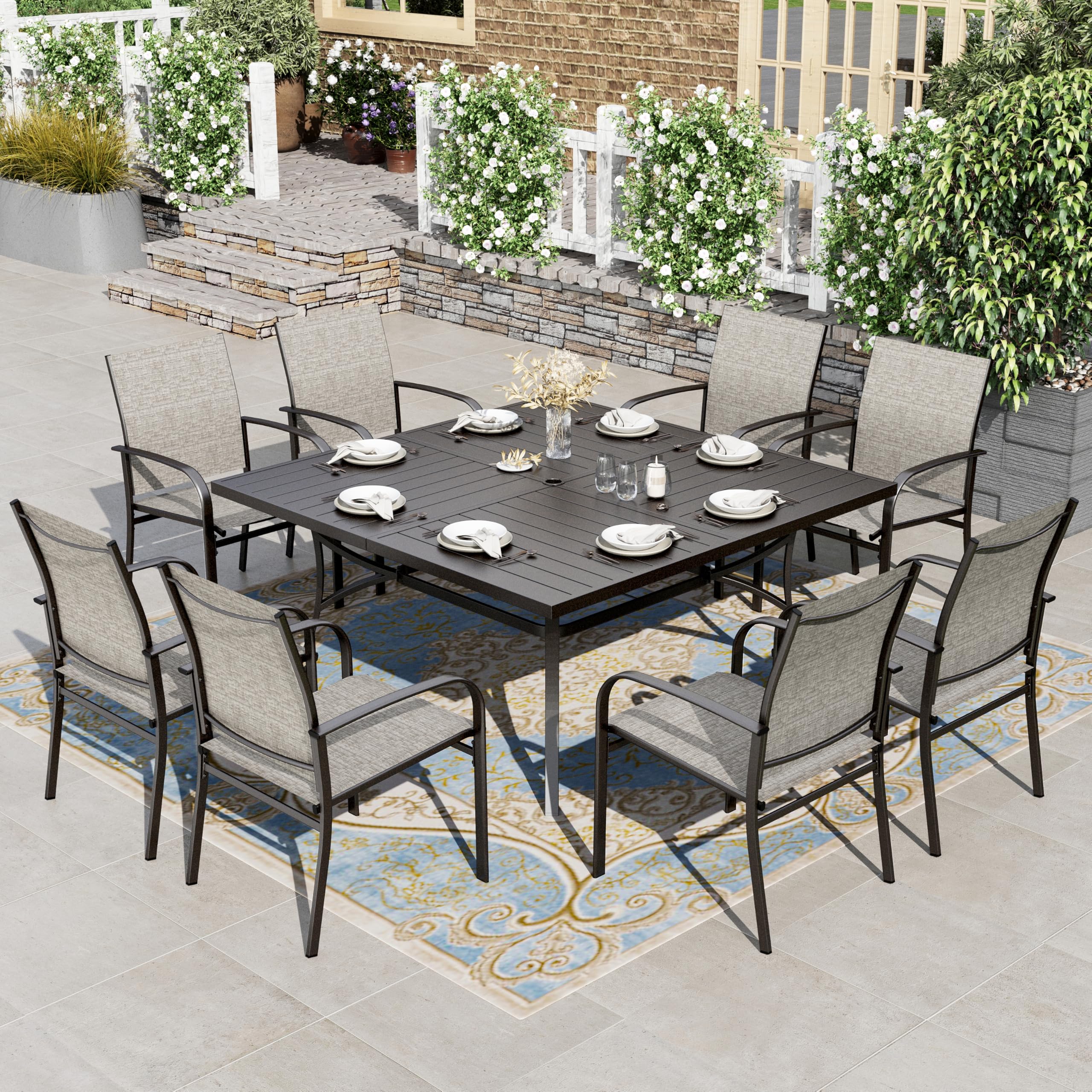 HERA'S HOUSE 9 Pieces Patio Dining Set, Outdoor Table and Chairs Set for 8, 8 x Brown Textilene Dining Chair and 60" Square Metal Dining Table,