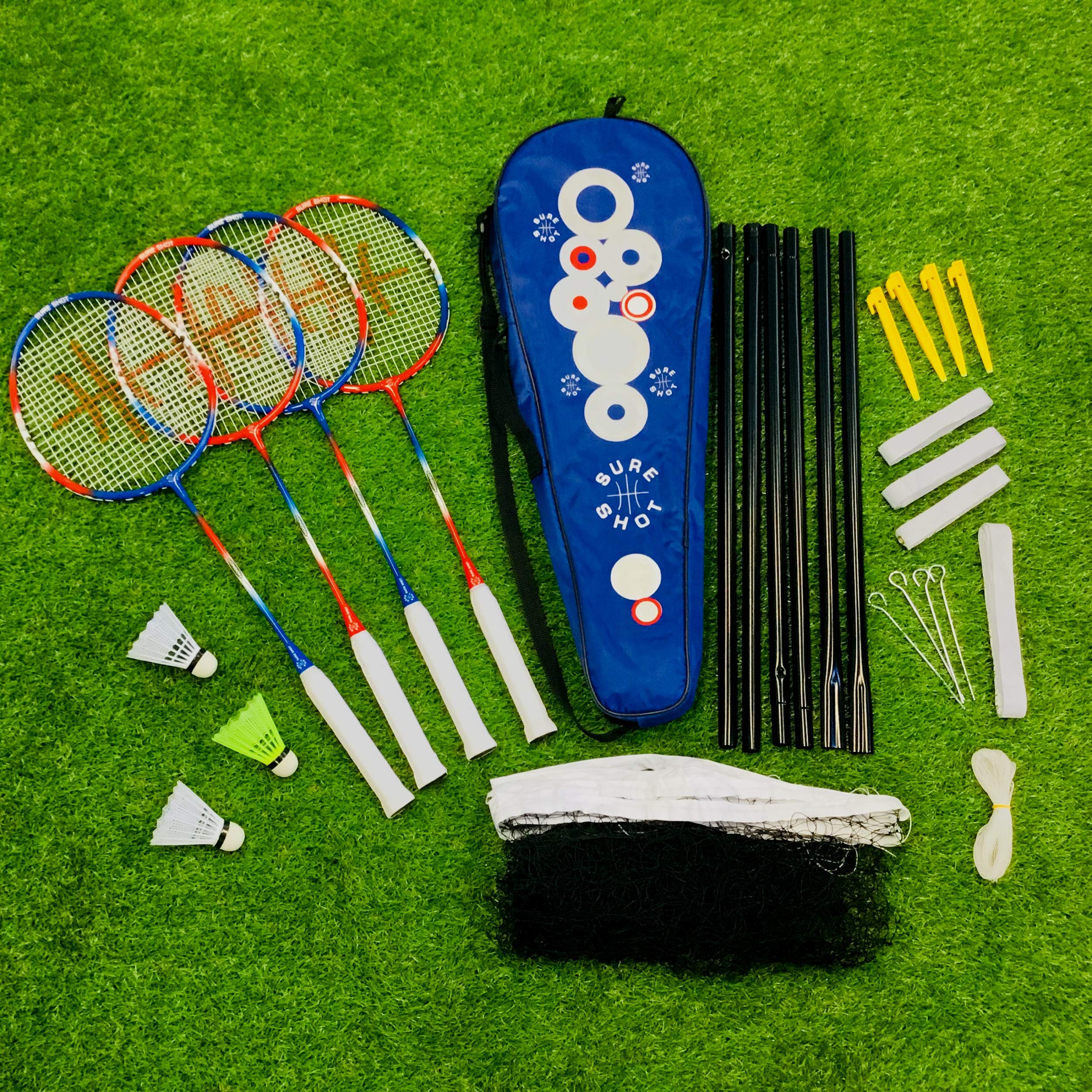 Sure Shot London 4 Player Set6 Badmintonschläger Set mit 4 x Erwachsenenschlägern und 3 Federbällen inkl. tragbarem Netz und Pfosten und Tragetasche, rot/weiß/blau, 26.35cm