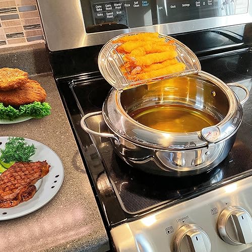 Miniatura 6 de Olla para freír (°F), 11 pulgadas/4.4 cuartos de galón (4.2 L) Olla Tempura extragrande con tapa, olla de acero inoxidable 304 con termómetro