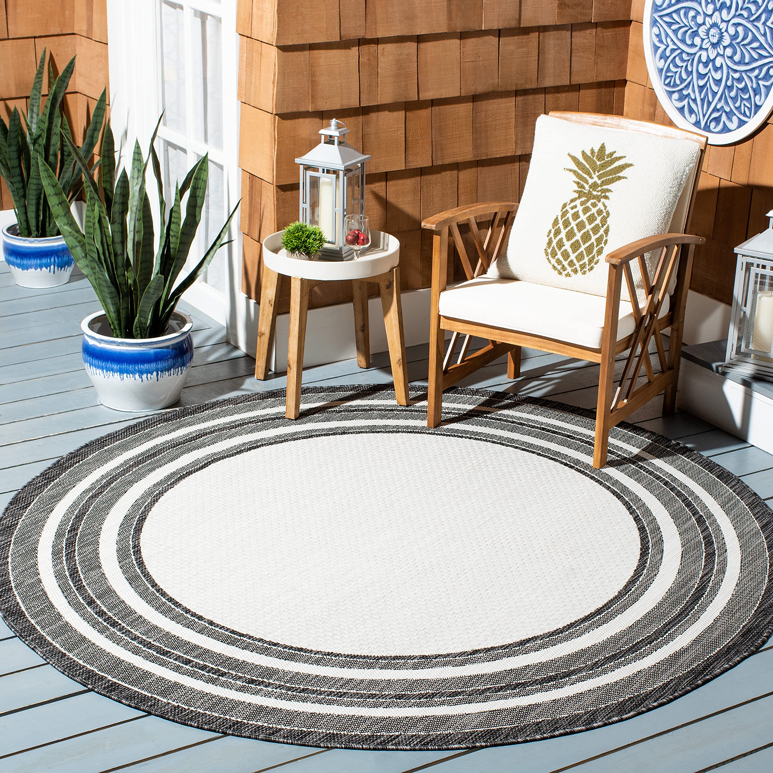 SAFAVIEH Courtyard Collection - Tappeto rotondo da 1,2 m, colore: avorio e nero, non perde pelo, facile da pulire, per interni/esterni e lavabile, ideale per patio, cortile e fanghi (CY8475-53712