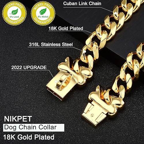 Miniatura 3 de NIKPET Collar de perro de cadena dorada de metal de acero inoxidable con eslabones cubanos de eslabones cubanos fuerte y resistente, a prueba de