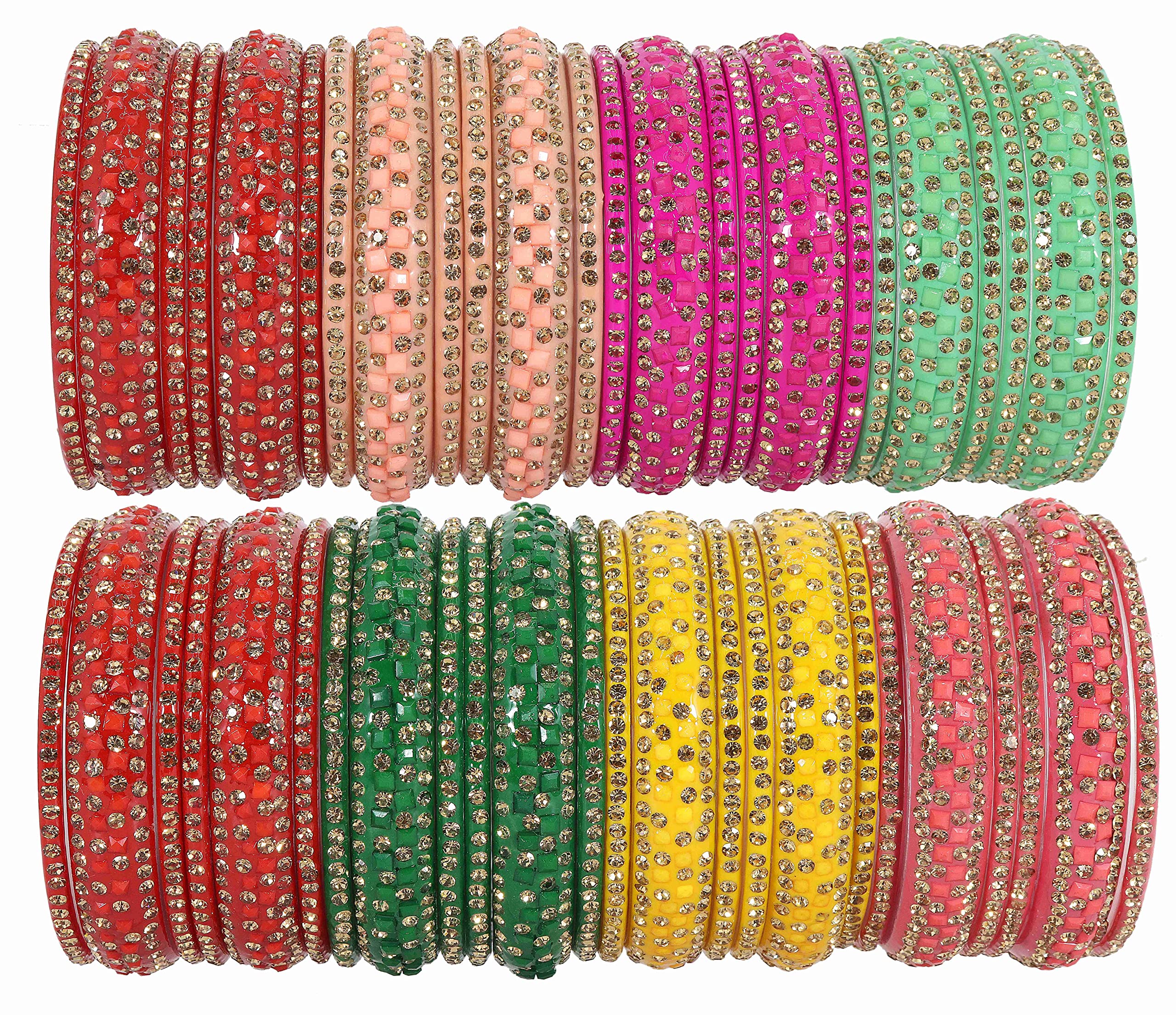 NMII Acrylic (Plastic) With Zircon Gemstone Or Beads Studded Glossy Finished Bangle Set For Women and Girls, (Multi-Combo_2.6 Inches), Pack Of 48 Bangles