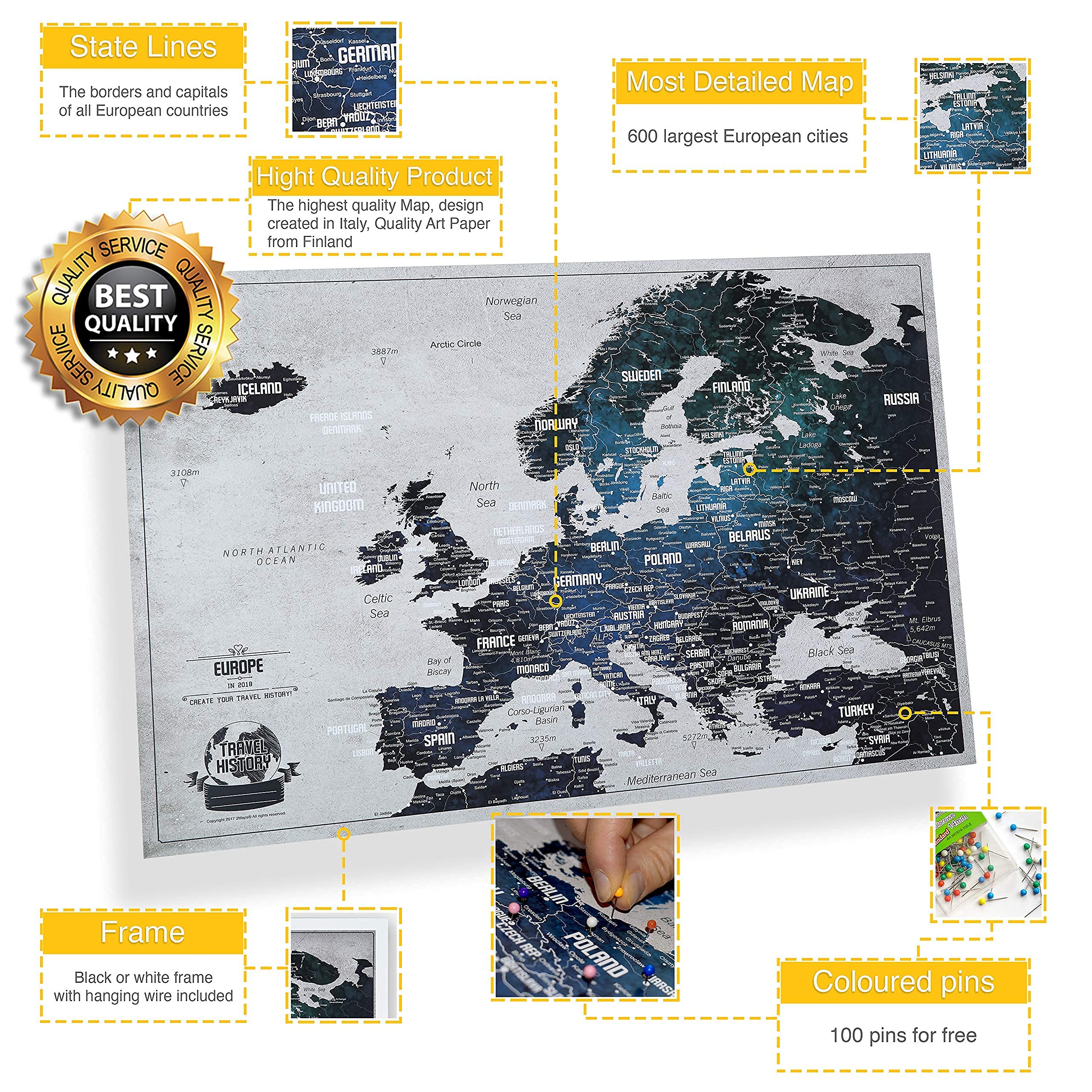 Mappa dell'Europa con puntine, Mappa di viaggio 62x2x42 cm, Mappa di avventura con cornice, mappa dell'Europa con perni di contrassegno di viaggio, La mappa è pronta per l'uso, prodotta in Europa