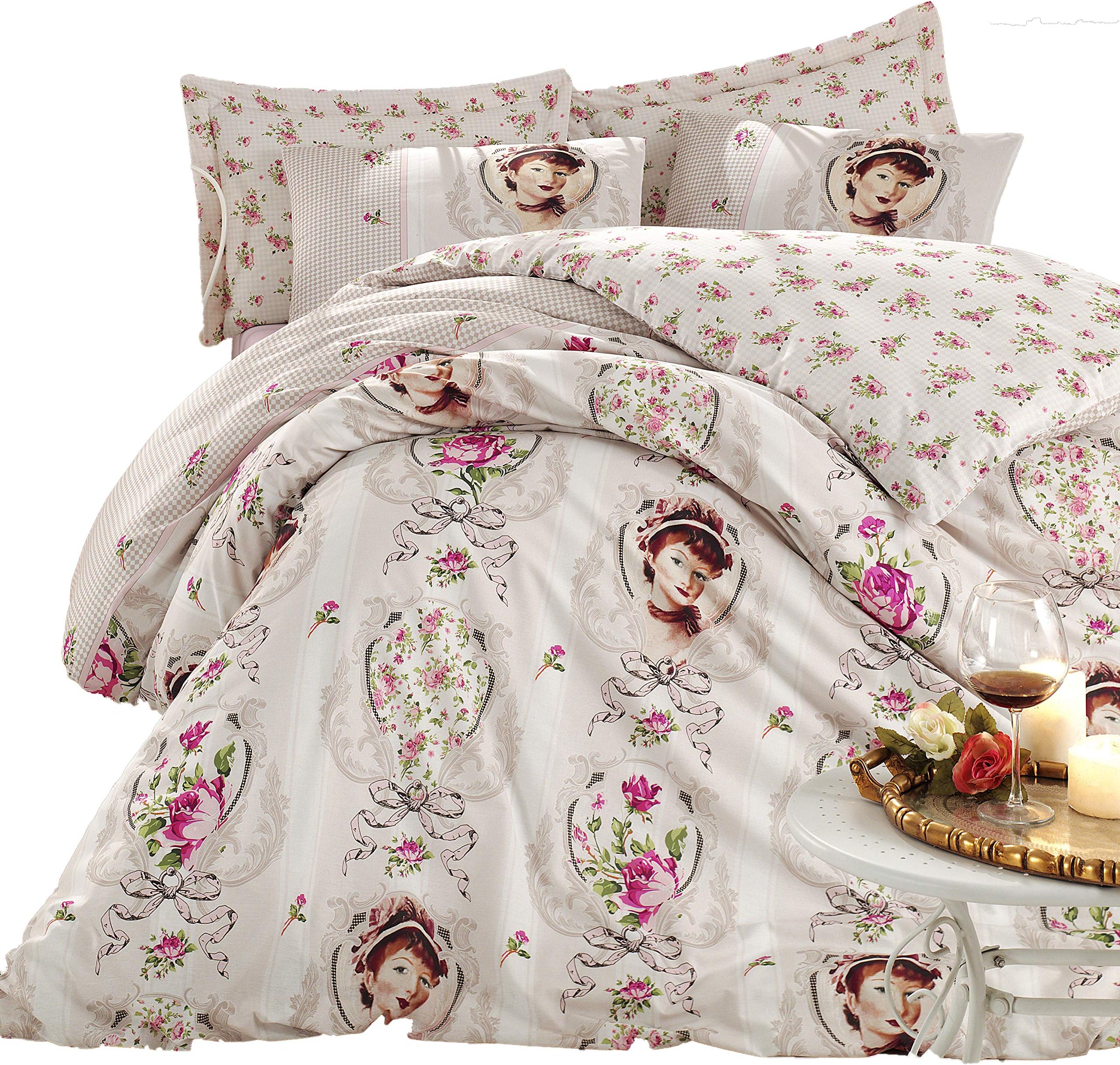 Karen Ranforce 100% Cotton Duvet Cover Set - Made in Turkey - Extra Smooth - Full-Queen(4 pieces) / Twin size(3 pieces), Queen size