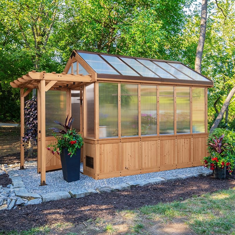 Bellerose 11' x 7' Cedar Wood and Polycarbonate Walk-In Greenhouse Kit with Pergola, Exhaust Fan, Windows, Hose Hook-Ups, PowerPort, Staging Shelves for Year-Round Outdoor Gardening