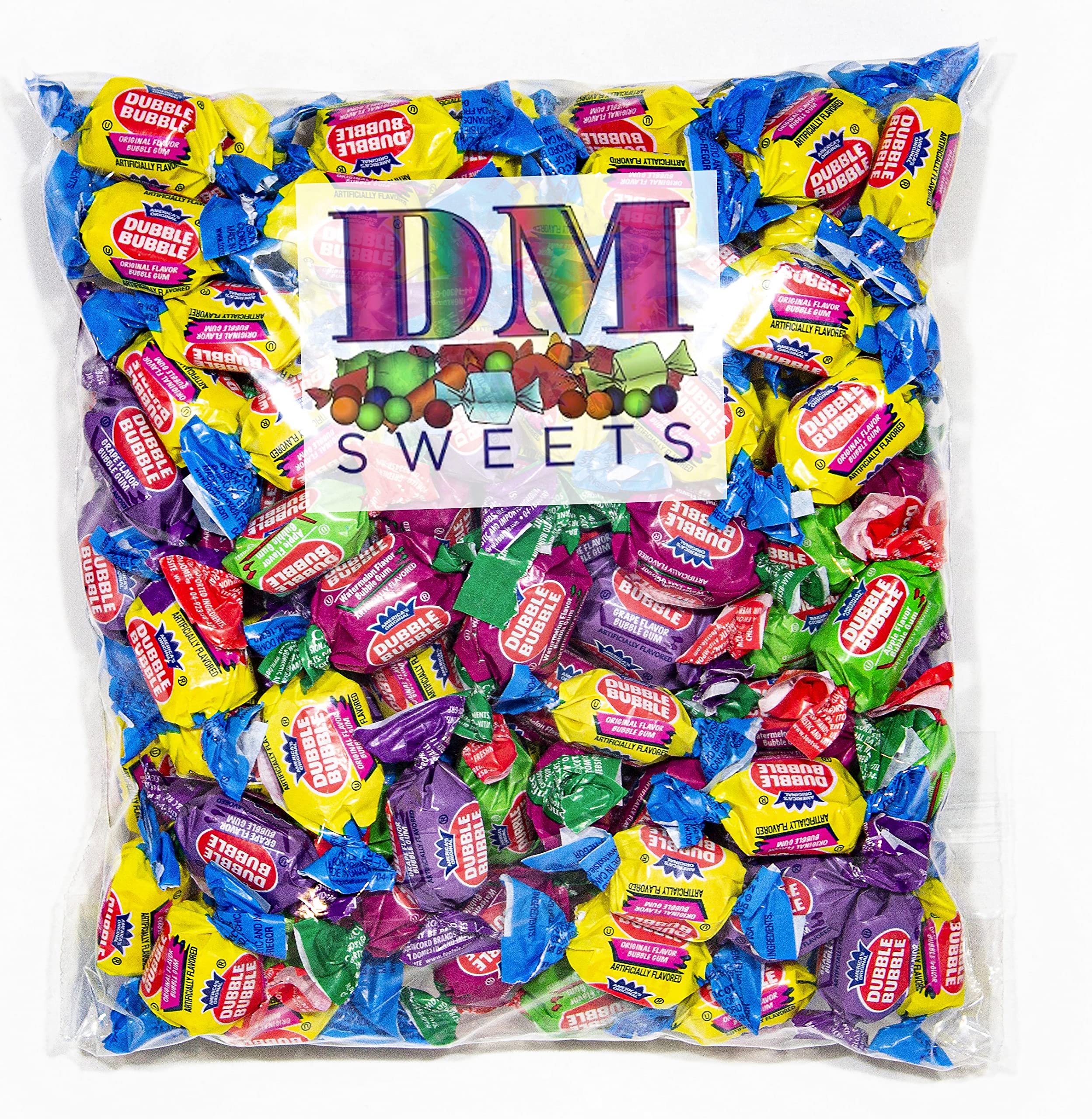 DM Sweets Dubble Bubble 3 Flavor Gum + Original - 2 lbs of Assorted Apple Watermelon Grape Original Individually Wrapped Fresh Bubble Gum, Pink, 140.0 Count, 1Pack