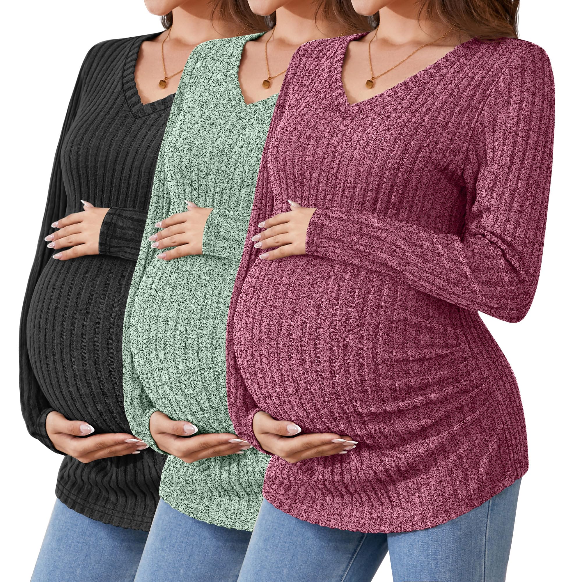 Ficerd Camisetas de Maternidad 3 Piezas, Ropa de Embarazo de Manga Larga, Cuello en V, suéter Acanalado para mamá