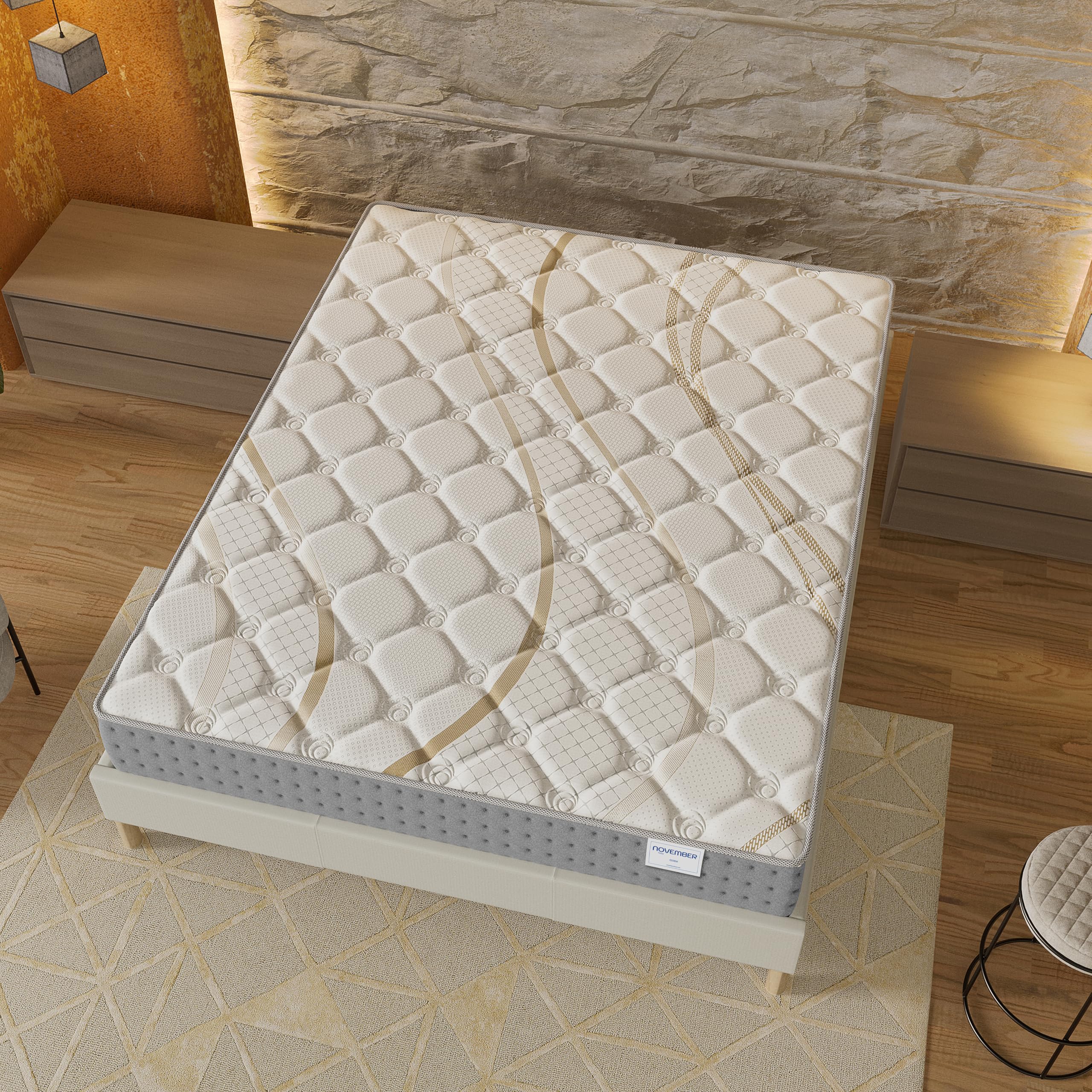 NOVEMBER- Ensemble Matelas + sommier (120 x 190cm)- Matelas Essem Ressorts ensachés & Mousse Haute Densité d’épaisseur 25cm + Sommier Bois Stable & Robuste revêtement Tissu Blanc