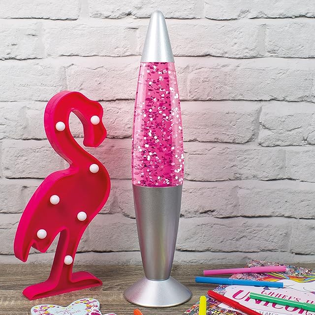 Global Gizmos 48620 Retro Lava Lamp | 16 Inches Tall | Pink Glitter Design | 25W | Aluminium Base | Mains Operated, E14 (Small Edison Screw)