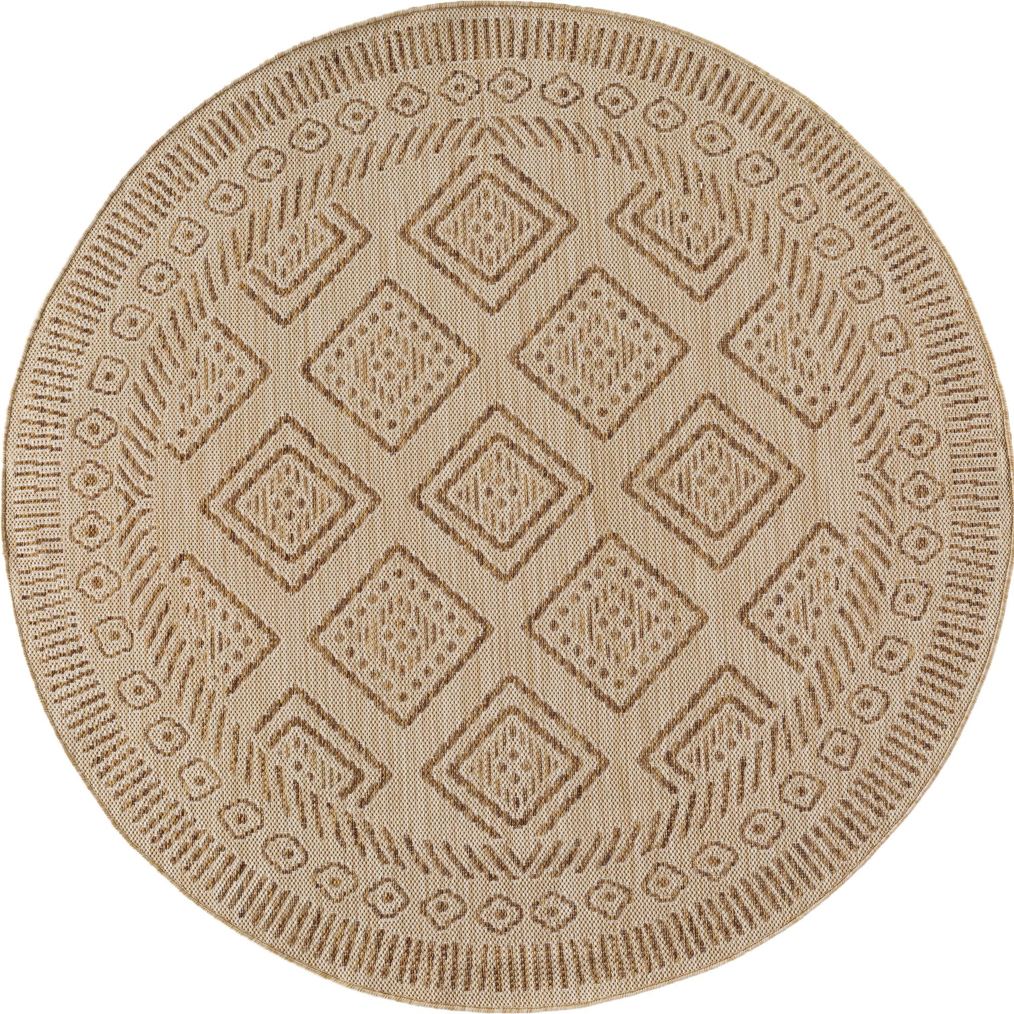 SIMPEX Tapis Extérieur Beige Effet Jute Rond 200 cm Balcon Terrasse Jardin Résistant UV Grand XL Motif Losanges Tissage Plat