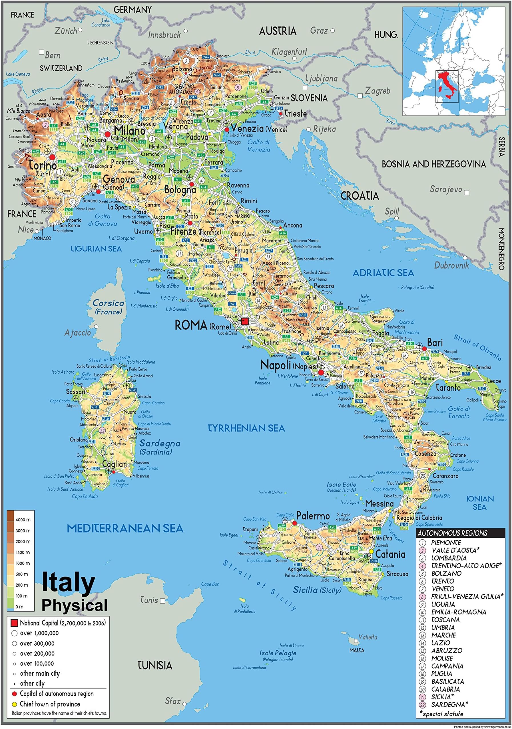Physical Map of Italy - Size A2-59.4 x 42cm - Paper Laminated Office Product