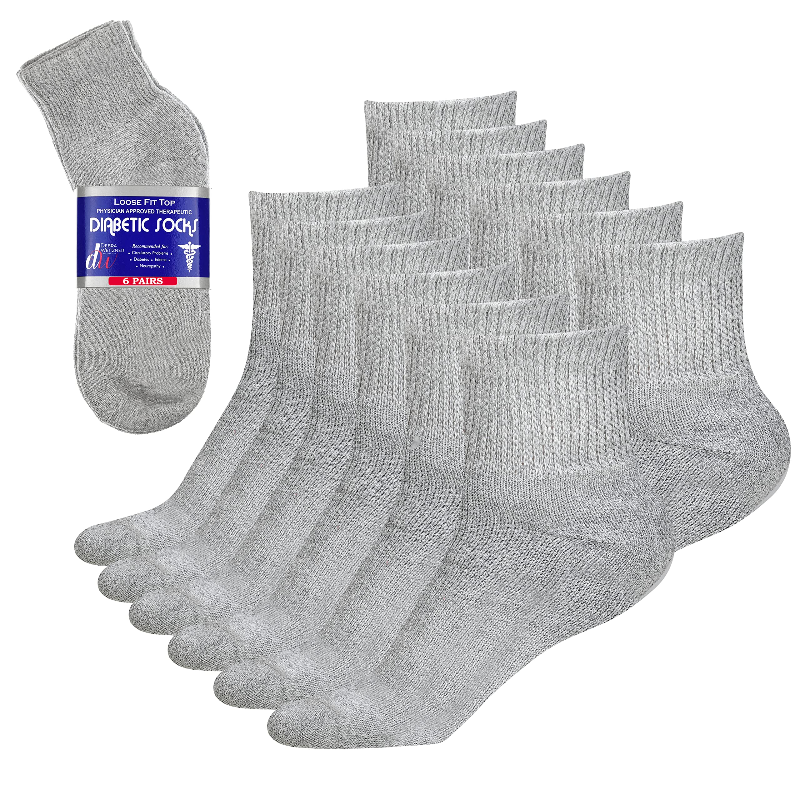 Debra Weitzner Mens Womens Diabetic Socks - Crew or Ankle Length - Cotton - Black, White or Grey - 6 Pairs