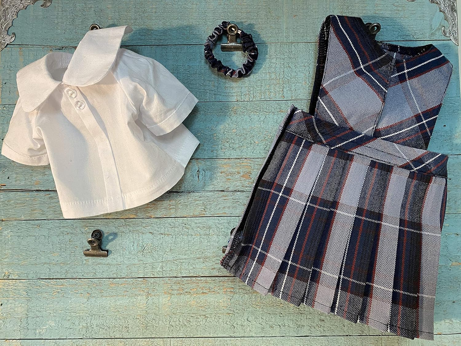 18 inch American Doll Outfit/Two Styles Jumper//School Plaid Jumper include Blouse and Hair Accessory/(Doll and Shoe not included) (Manhattan-P82, Split-Front)
