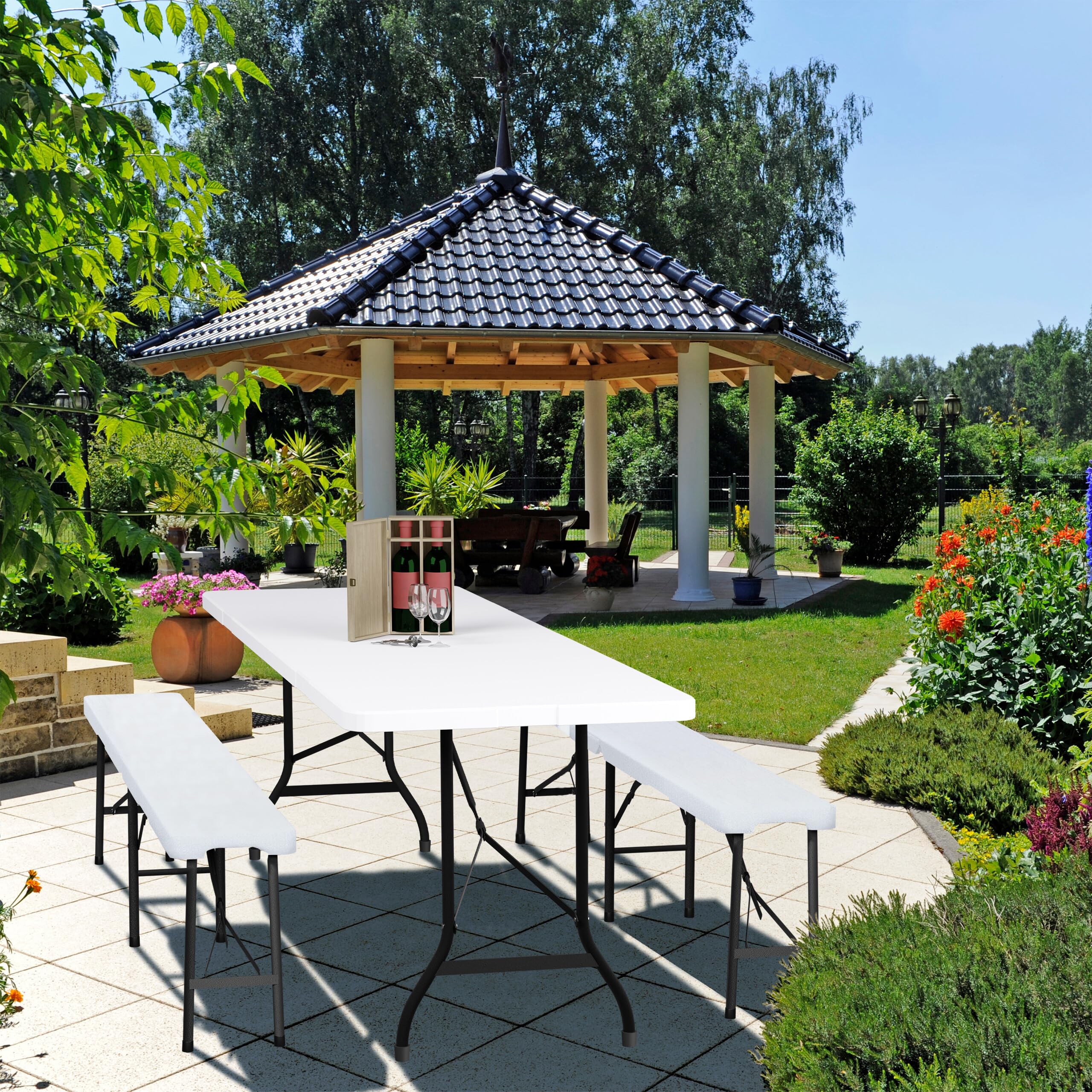 Relaxdays Tavolino Pieghevole da Giardino, HLP: 75 x 220 x 68 cm, Tavolo da Campeggio, in Plastica e Acciaio, Bianco