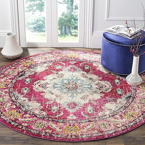 SAFAVIEH Monaco Collection 3' Round Pink/Multi MNC243D Boho Chic Medallion Distressed Non-Shedding Dining Room Entryway Foyer Living Room Bedroom Area Rug