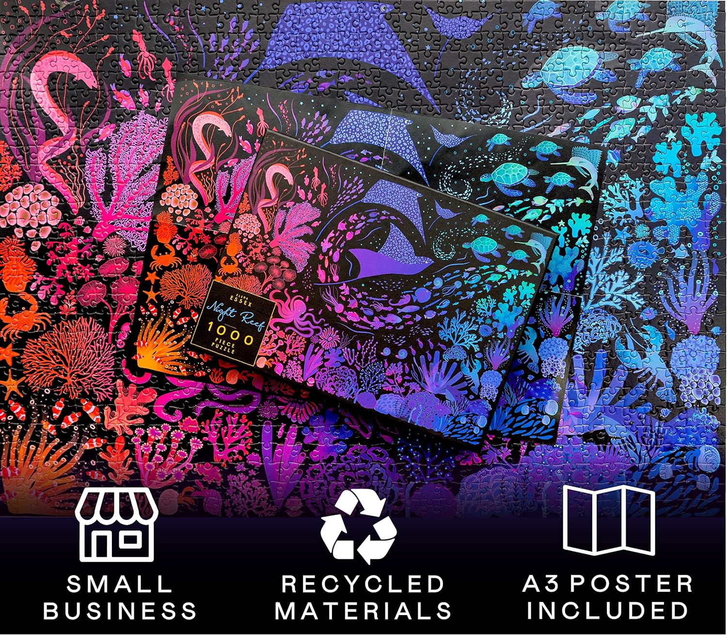 Elena Essex Puzzles for Adults 1000 Pieces - Night Reef | 1000 Piece Puzzle for Adults | Jigsaw Puzzles 1000 Pieces | Coral Reef Ocean Shark | Size 28x20 inches