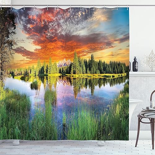 Miniatura 41 de Ambesonne Cortina de ducha hawaiana, diseño de hibisco hawaiano tropical, silueta de niña, tabla de surf, impresión de arte retro, juego de Fucsia