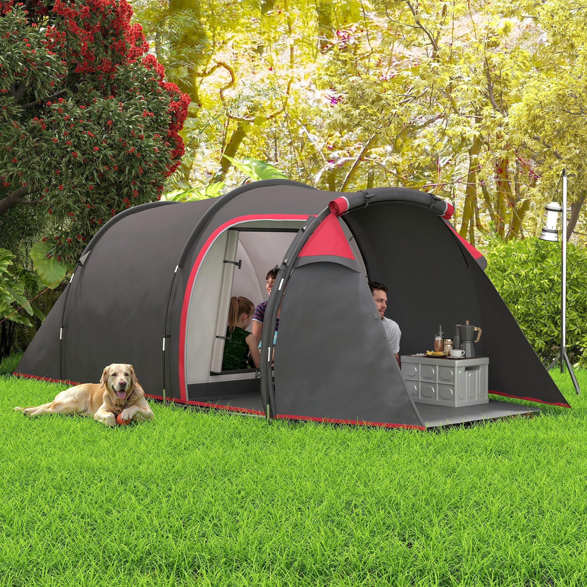 Outsunny Tienda de Campaña Familiar Tipo Túnel 2-3 Personas Plegable Impermeable 2000+ mm a Prueba de UV 20+ Ligero con Vestíbulo y 4 Estaciones para Camping Senderismo 426x206x154 cm