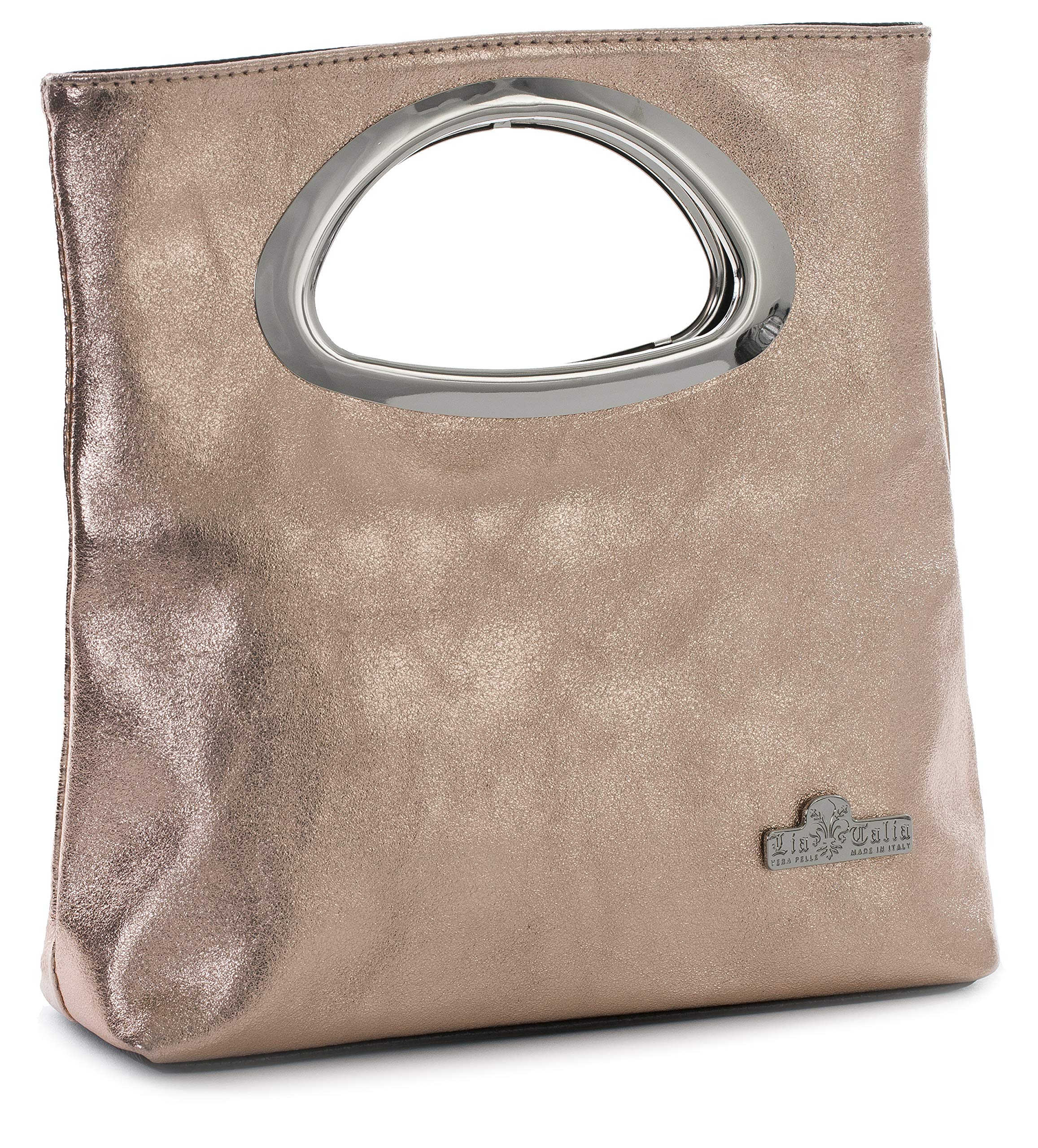 LiaTalia Plain Italian Suede Leather Top Handle Small Foldable Evening Purse Clutch Bag - RHEA [Metallic - Rose Gold]